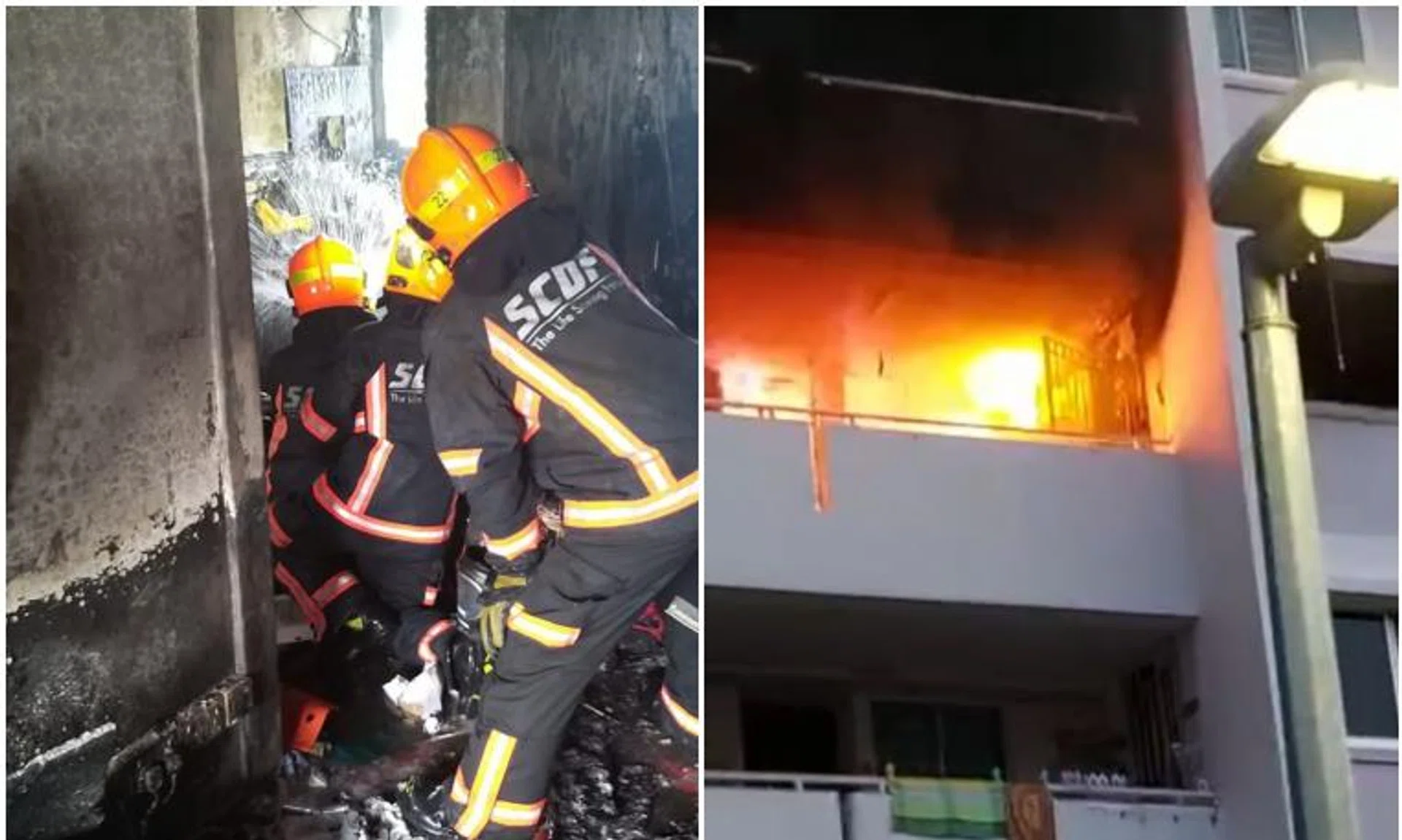 SCDF personnel fighting the fire that broke out at a unit in Bedok North Avenue 2 on May 13, 2022. 