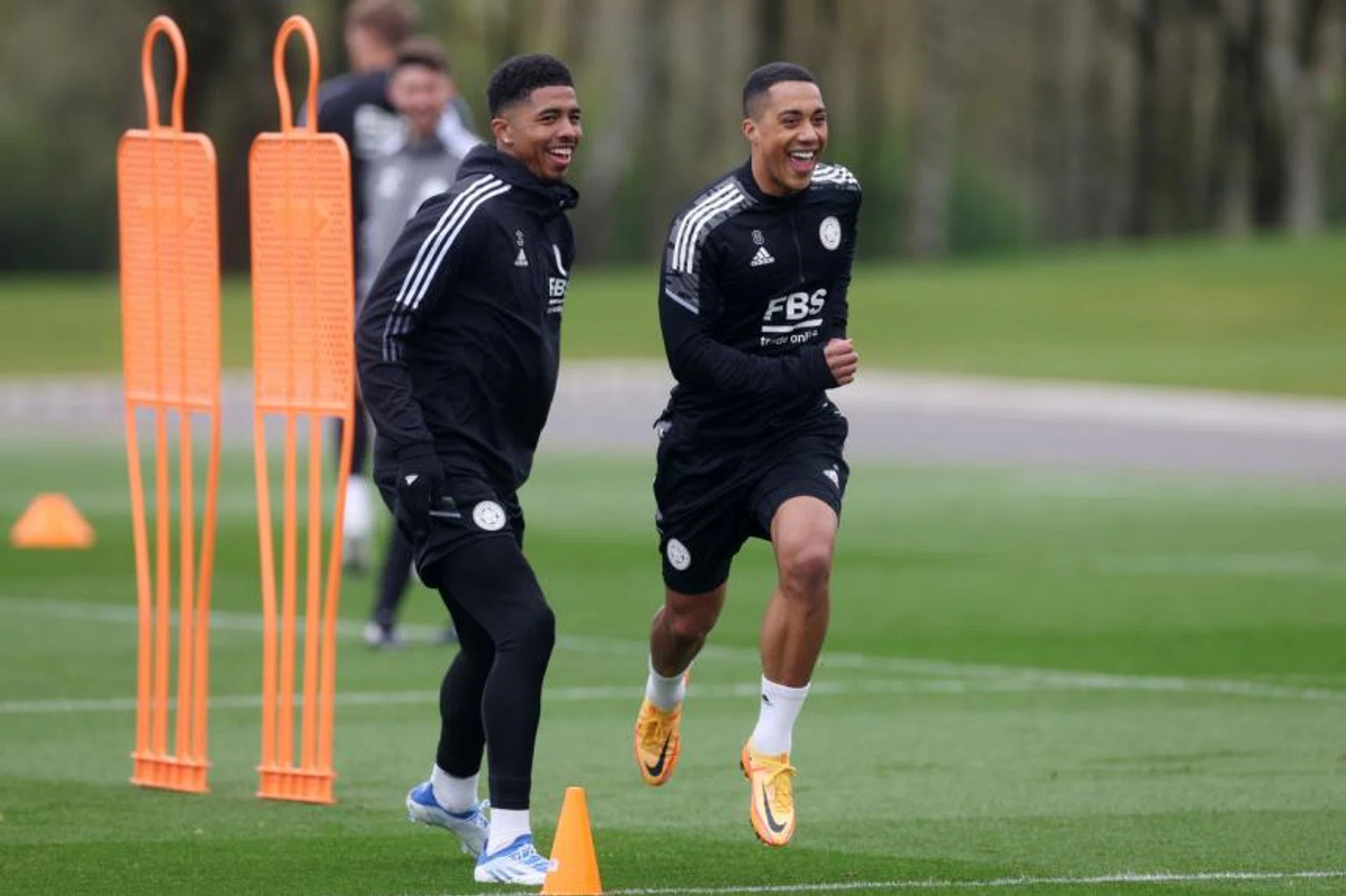 Leicester City's Wesley Fofana (left) and Youri Tielemans during training on April 27, 2022. 