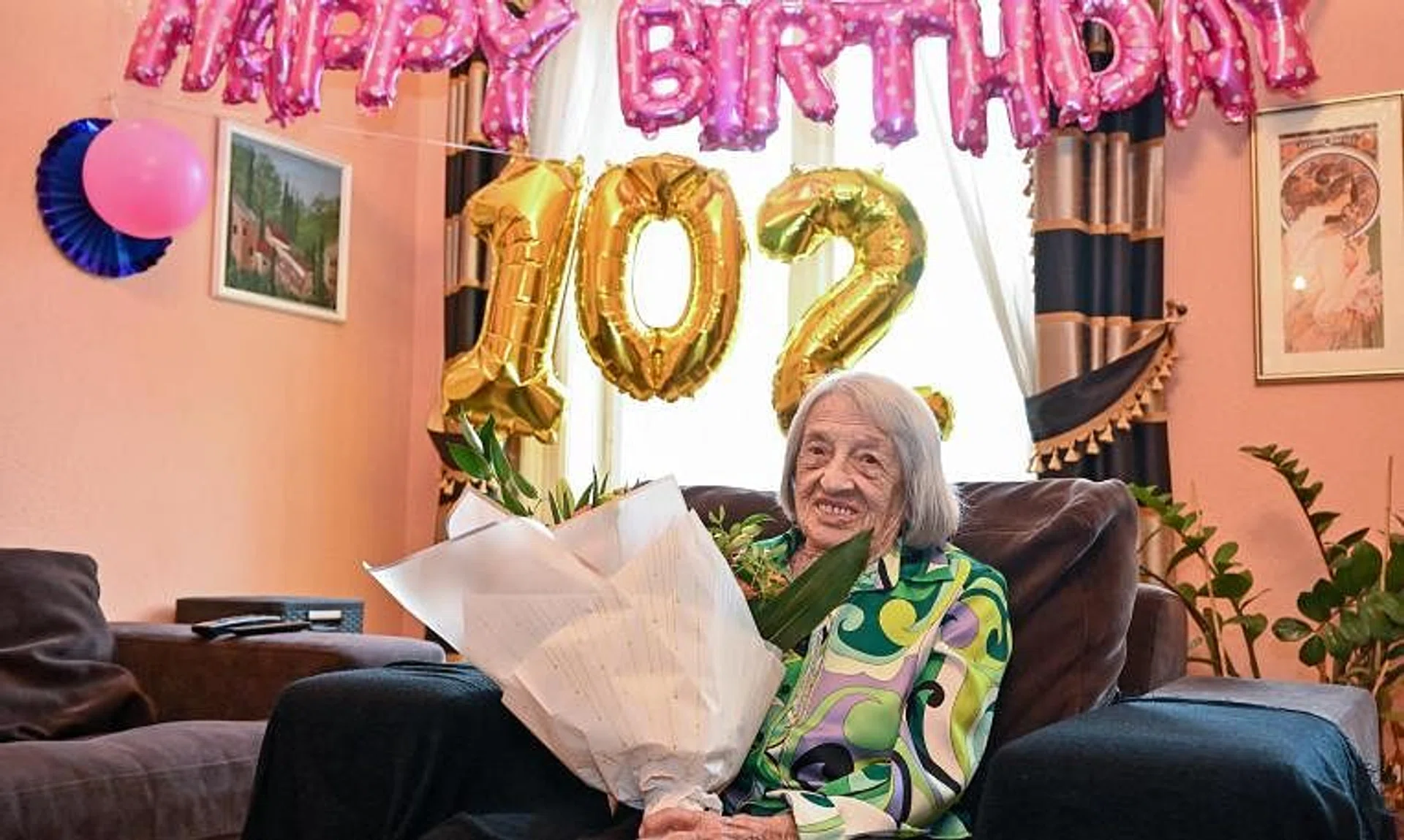 Agnes Keleti during her 102nd birthday in her flat in Budapest, Hungary, in Jan 2023.