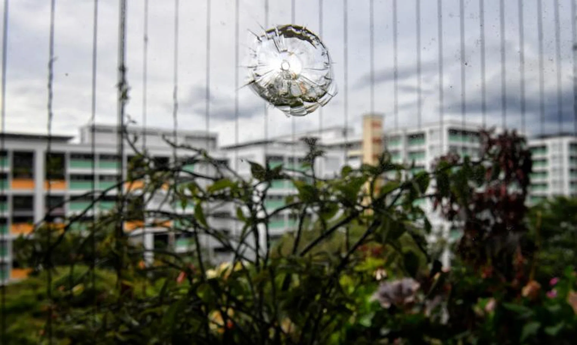 The balcony window of a unit in Block 347A Yishun Ave 11, damaged by a projectile, on March 18, 2022.
