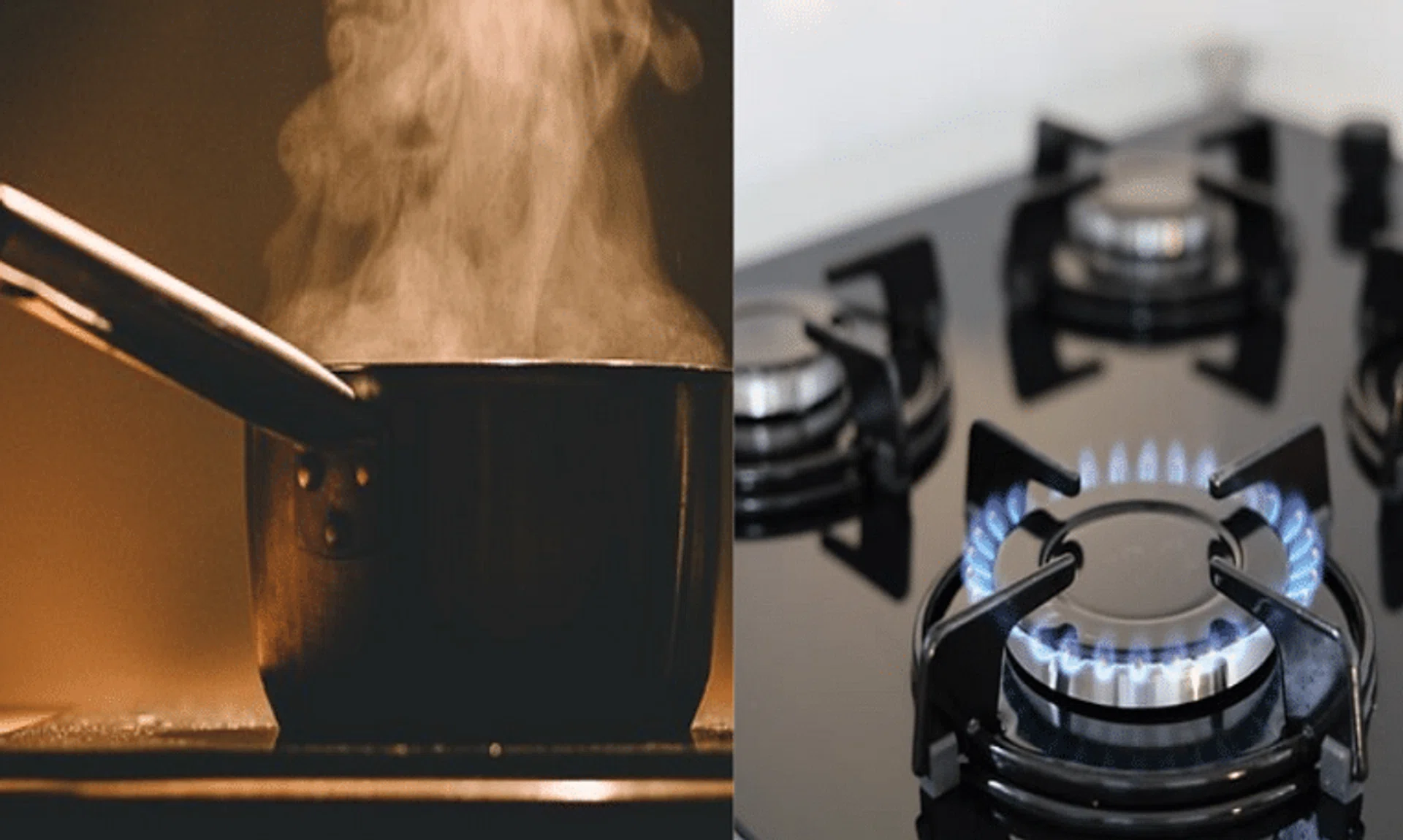 An induction stove (left) uses electromagnetic fields to directly heat cookware. The gas stove (right) is powered by gas and uses fire to heat or cook food.