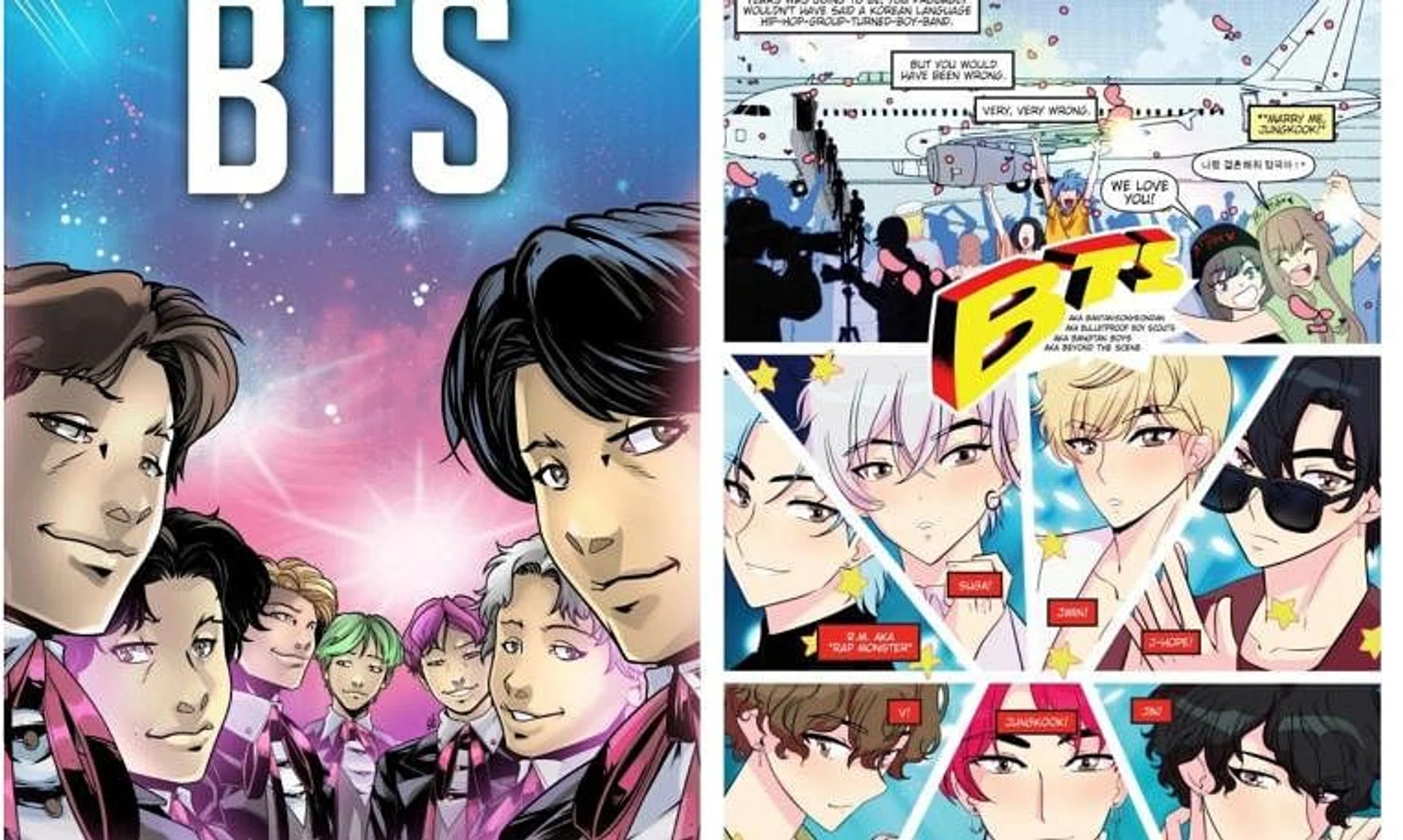 Pages from the Fame: BTS manga comic book, written by Eric M. Esquivel with art by Lucy Fidelis.