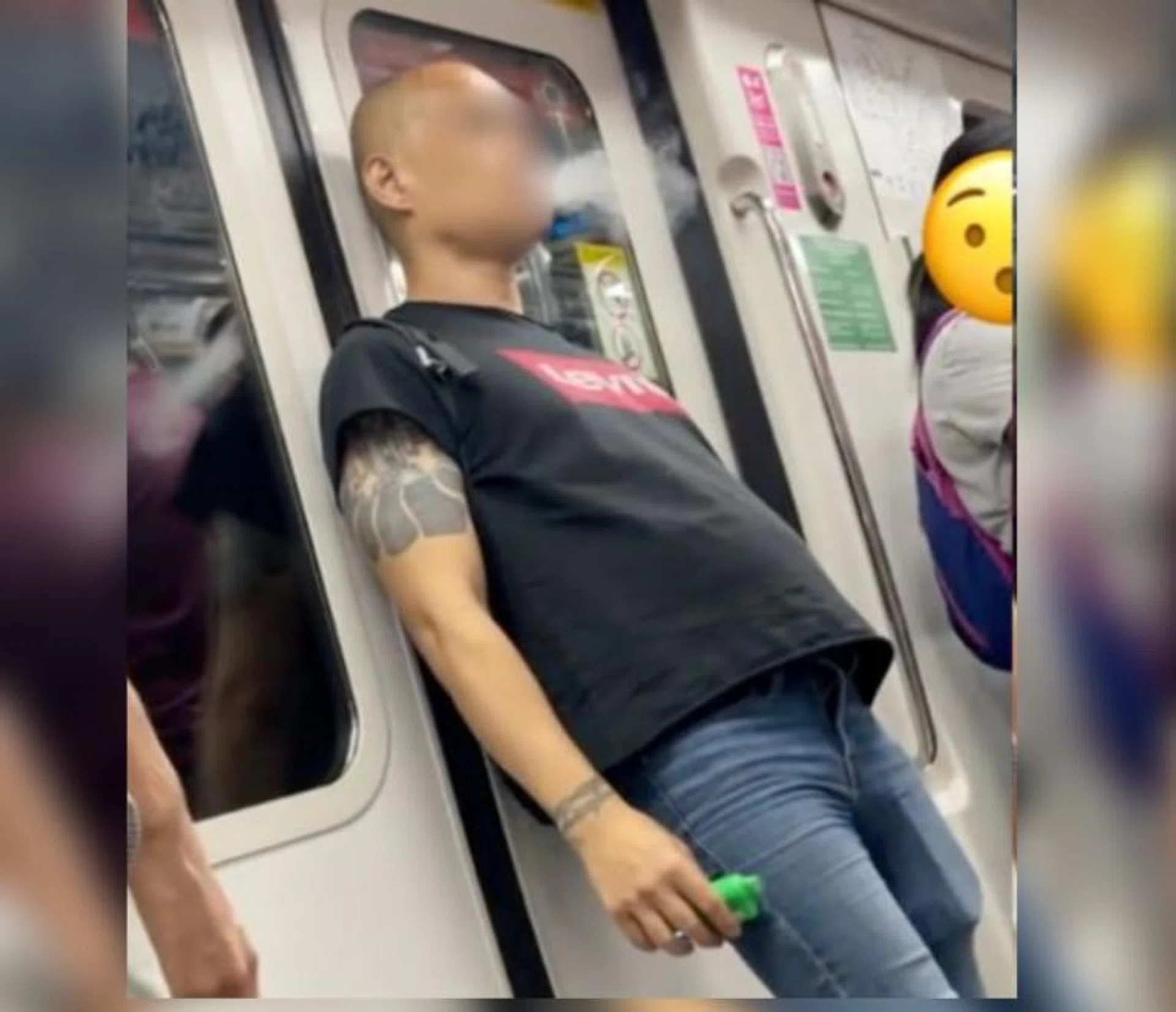 A video on social media shows a man leaning against the train doors, casually vaping.