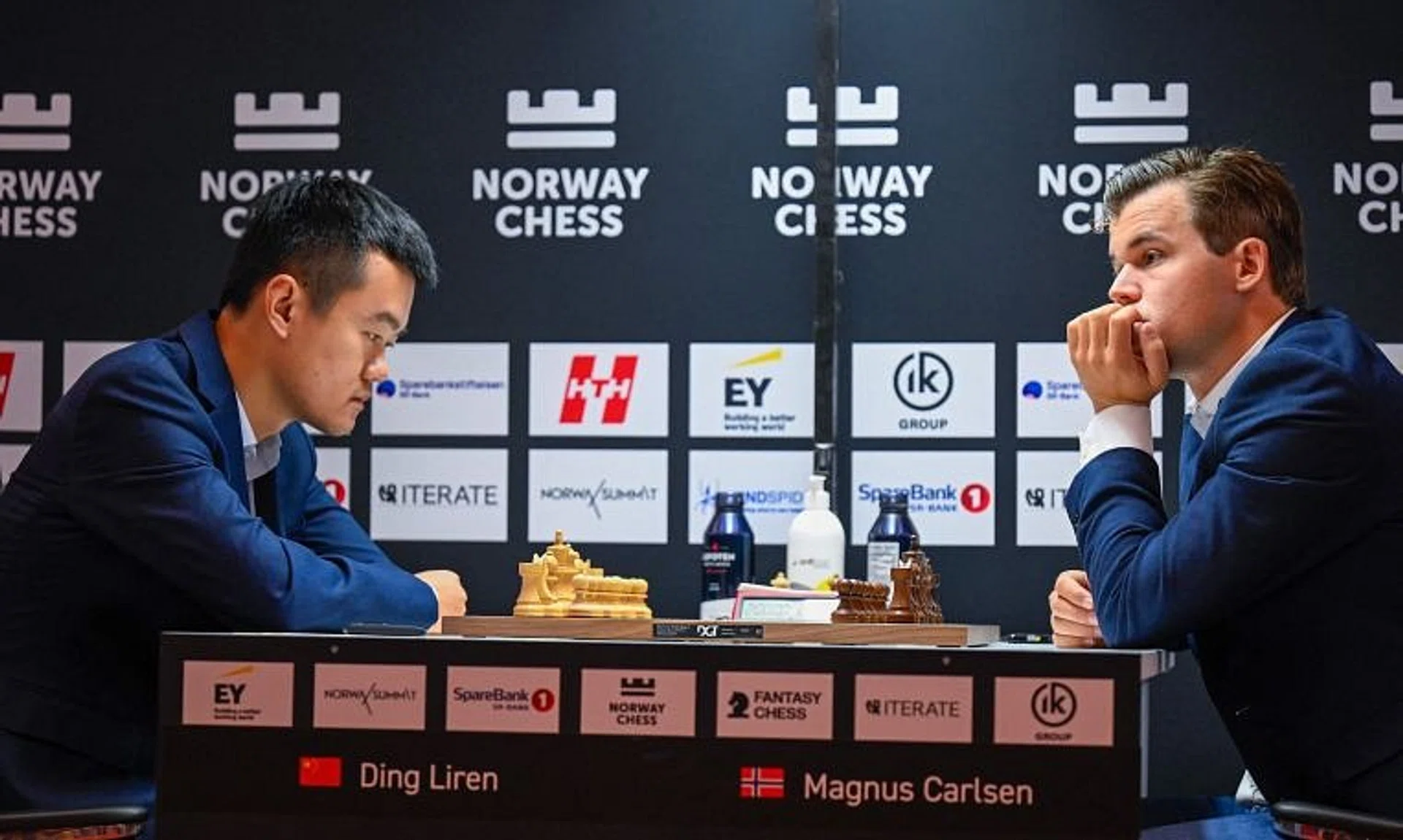 Chinese chess grandmaster Ding Liren (left) plays against Norweigen chess grandmaster Magnus Carlsen during the Norway Chess 2024 on May 27.