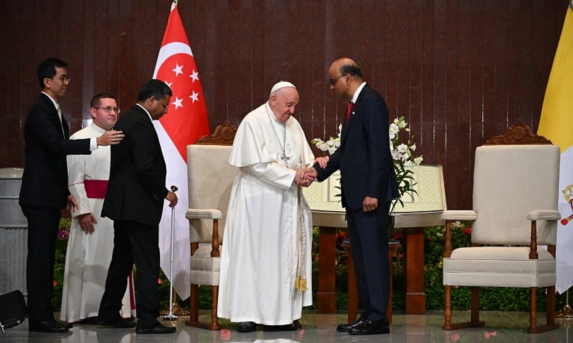 Pope Francis and President Tharman Shanmugaratnam at the welcome ceremony held at Parliament House, on Sept 12, 2024. 