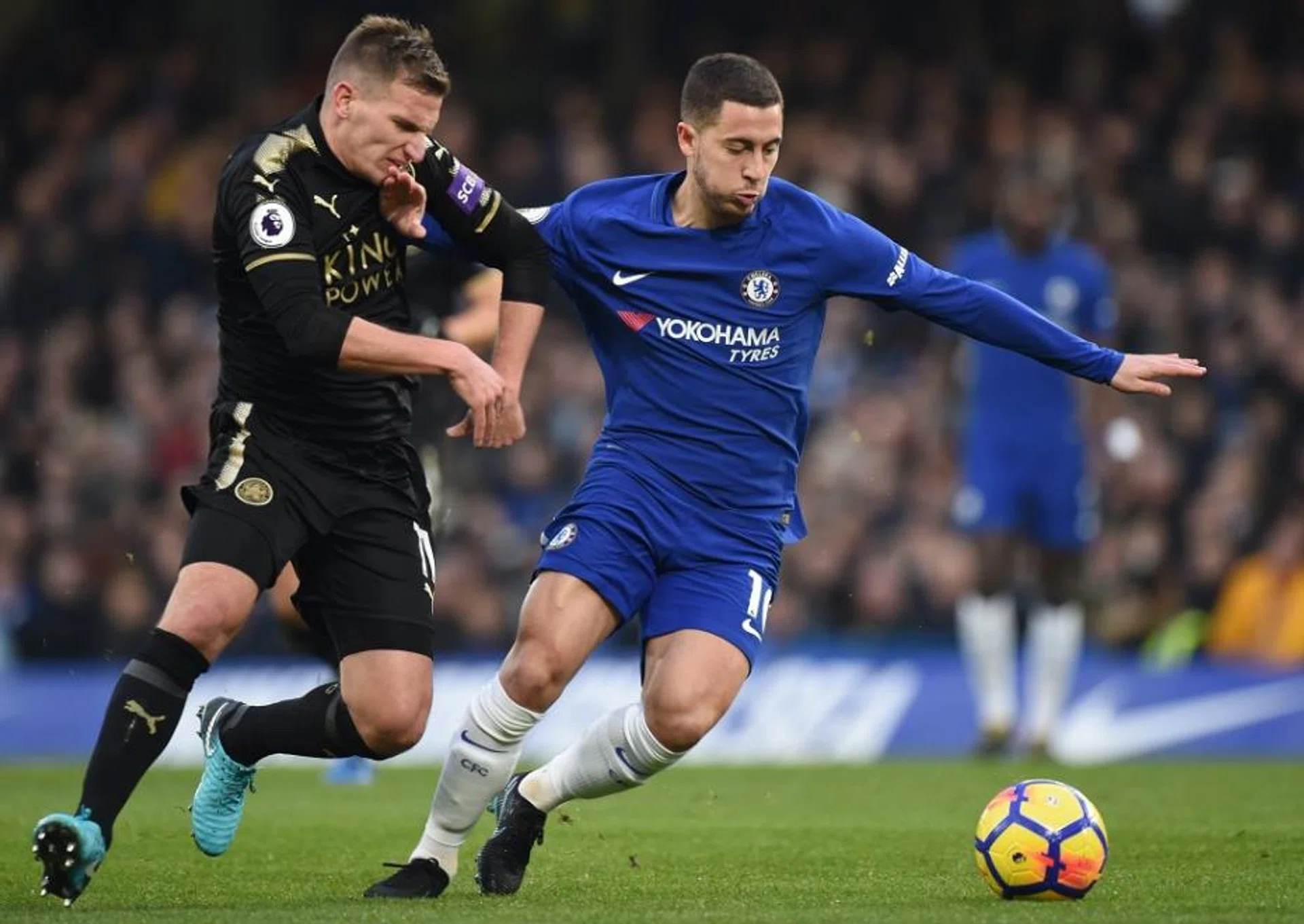 Chelsea's Eden Hazard fending off Leicester's Marc Albrighton in the 0-0 draw between both teams on Jan 13.