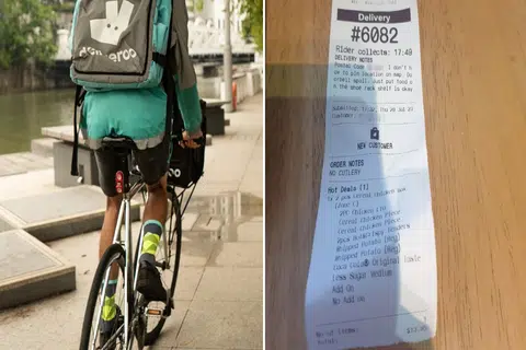 Woman horrified after rushing out of shower in towel to retrieve food order