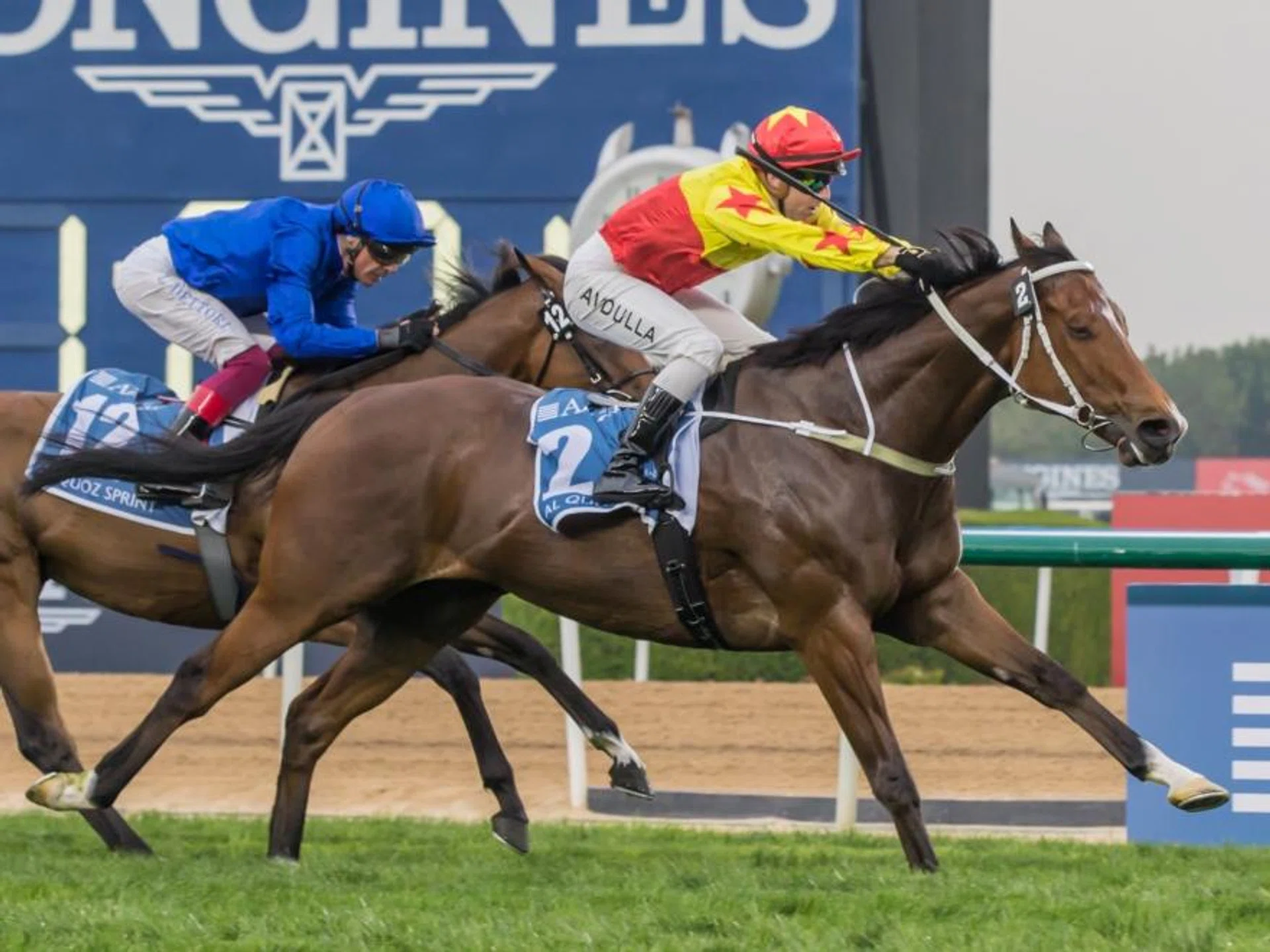Tony Cruz's California Spangle (Brenton Avdulla) holding Star Of Mystery (Frankie Dettori) at bay to claim the Group 1 Al Quoz Sprint (1,200m) at Meydan Racecourse in Dubai on March 30.
