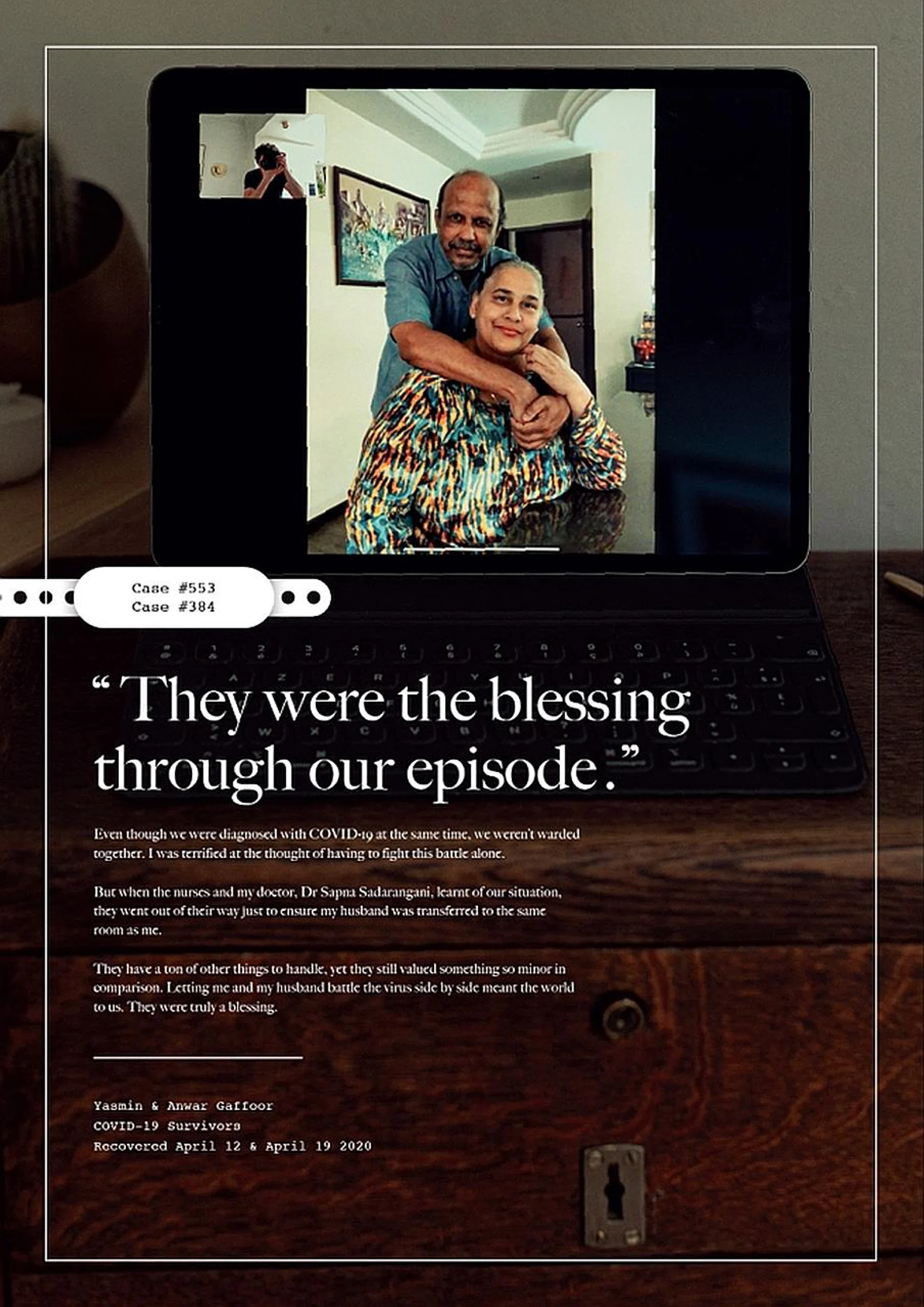An ad featuring former Covid-19 patients Anwar and Yasmin Gaffoor. 