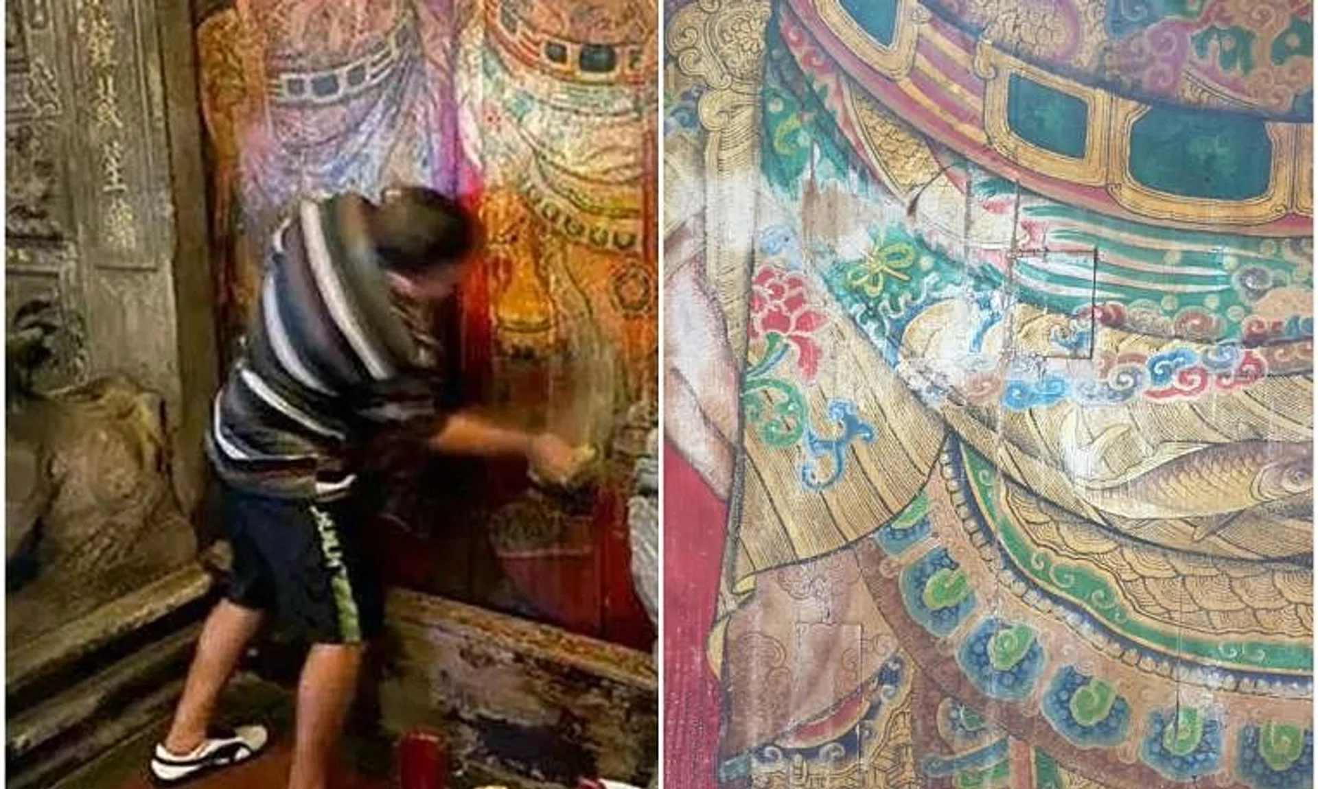 The man was seen scrubbing the entrance to the Cixian Temple in Taipei, leaving an image of a gatekeeper deity partially smeared and discoloured.