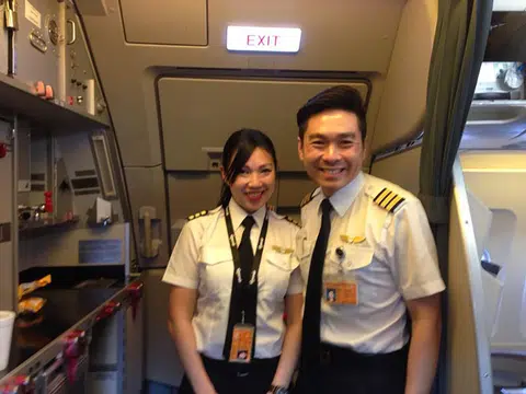 Captain Khaw and her husband Daniel Liew when they were both First Officers in Tigerair.