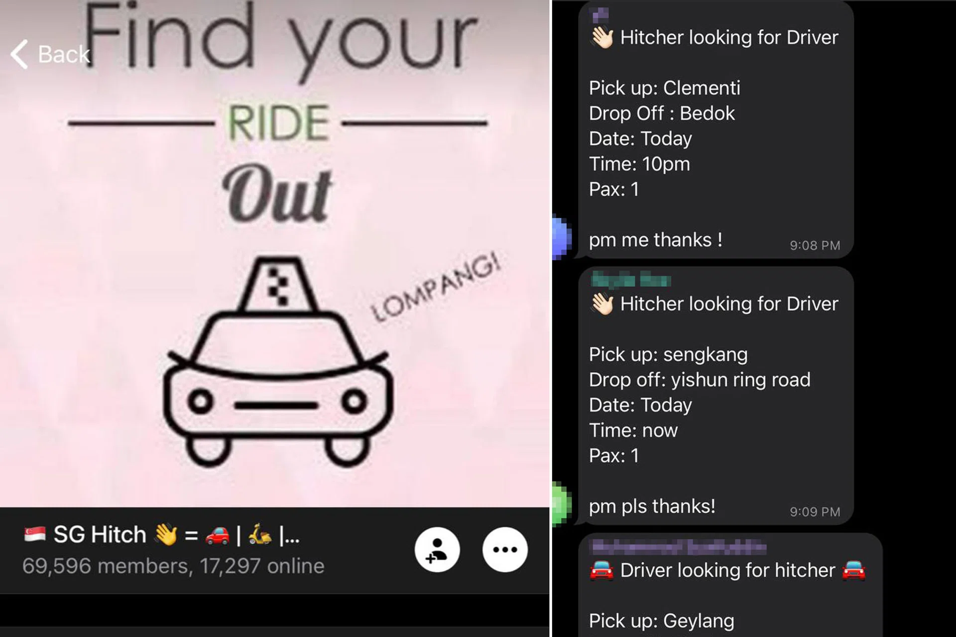 Screenshots from the SG Hitch Telegram group that allows for commercial carpool services to be arranged. When TNP put up posts over the last few days seeking drivers for trips, there were several responses looking to charge between $12 and $15 a ride. 