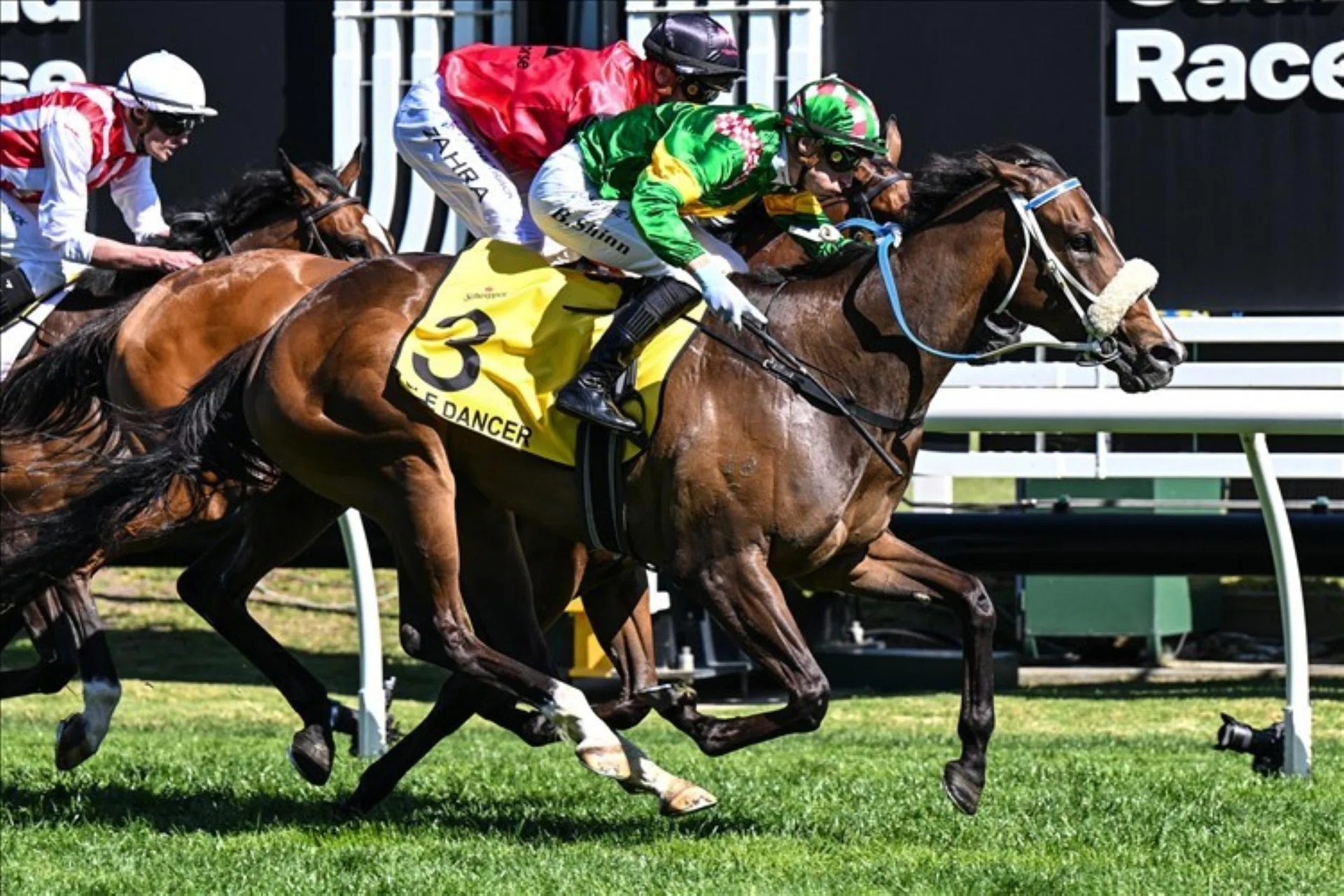 The Peter Moody and Katherine Coleman-trained Ole Dancer (Blake Shinn) steadfastly holding a slender advantage over a fighting Apocalyptic (Mark Zahra) in the G1 Thousand Guineas (1,600m) at Caulfield on Oct 18.