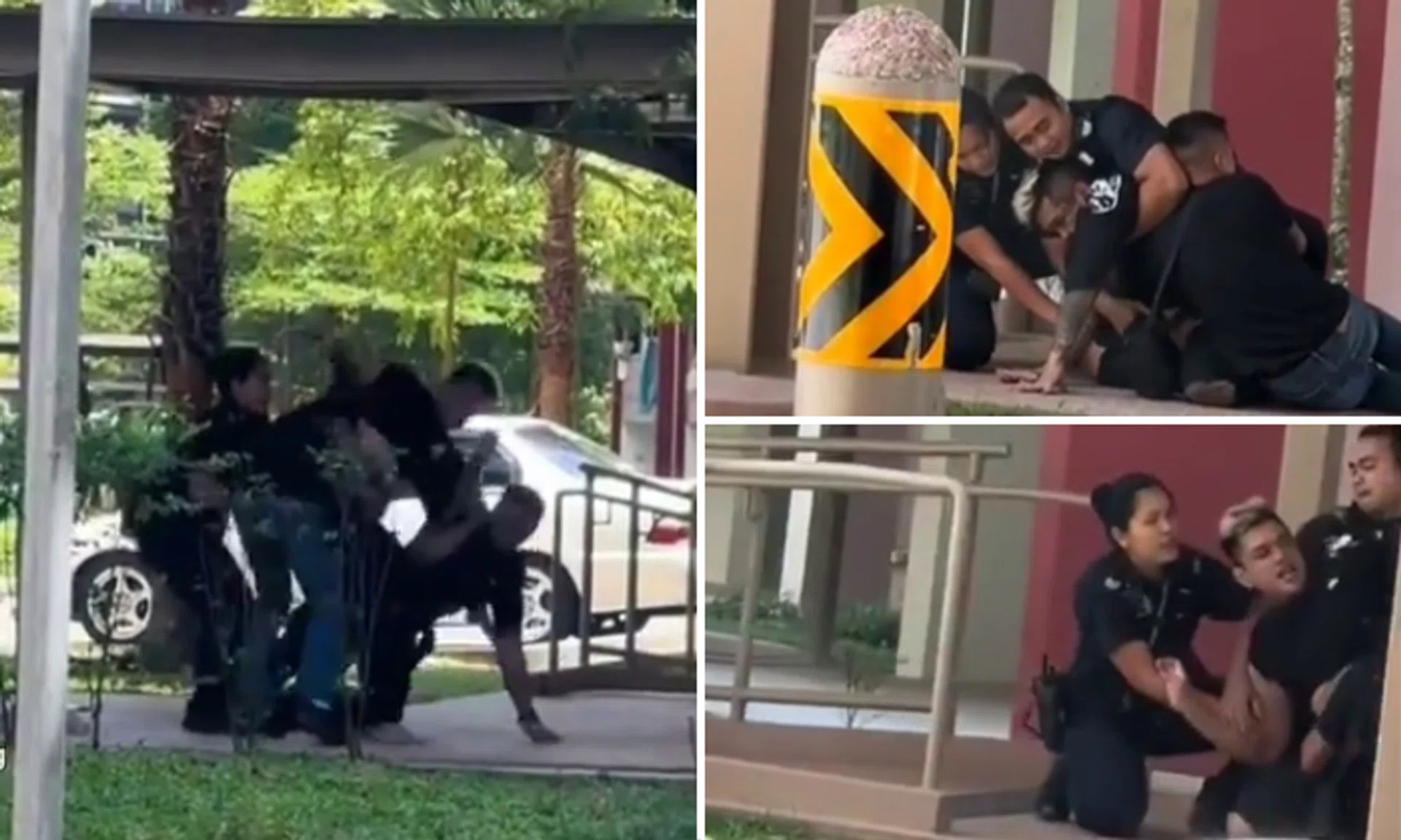 The video shared by Tiagong on Tuesday morning (Aug 8) shows three people trying to subdue a man with dyed hair.