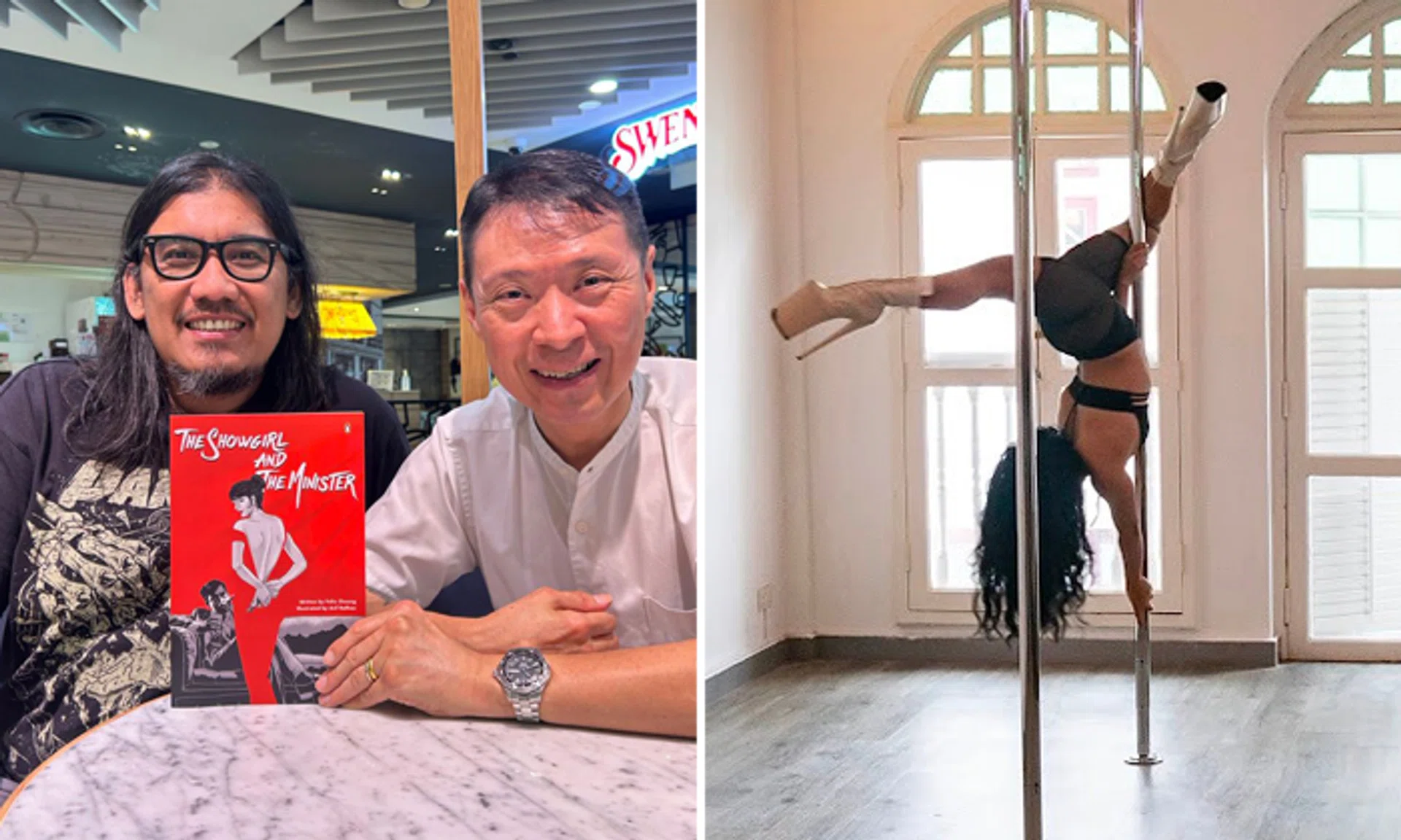Singaporean author Felix Cheong (right) and KL-based freelance artist Arif Rafhan with their latest creation, The Showgirl And The Minister. A pole dance performance marked the book's launch on Jan 12.