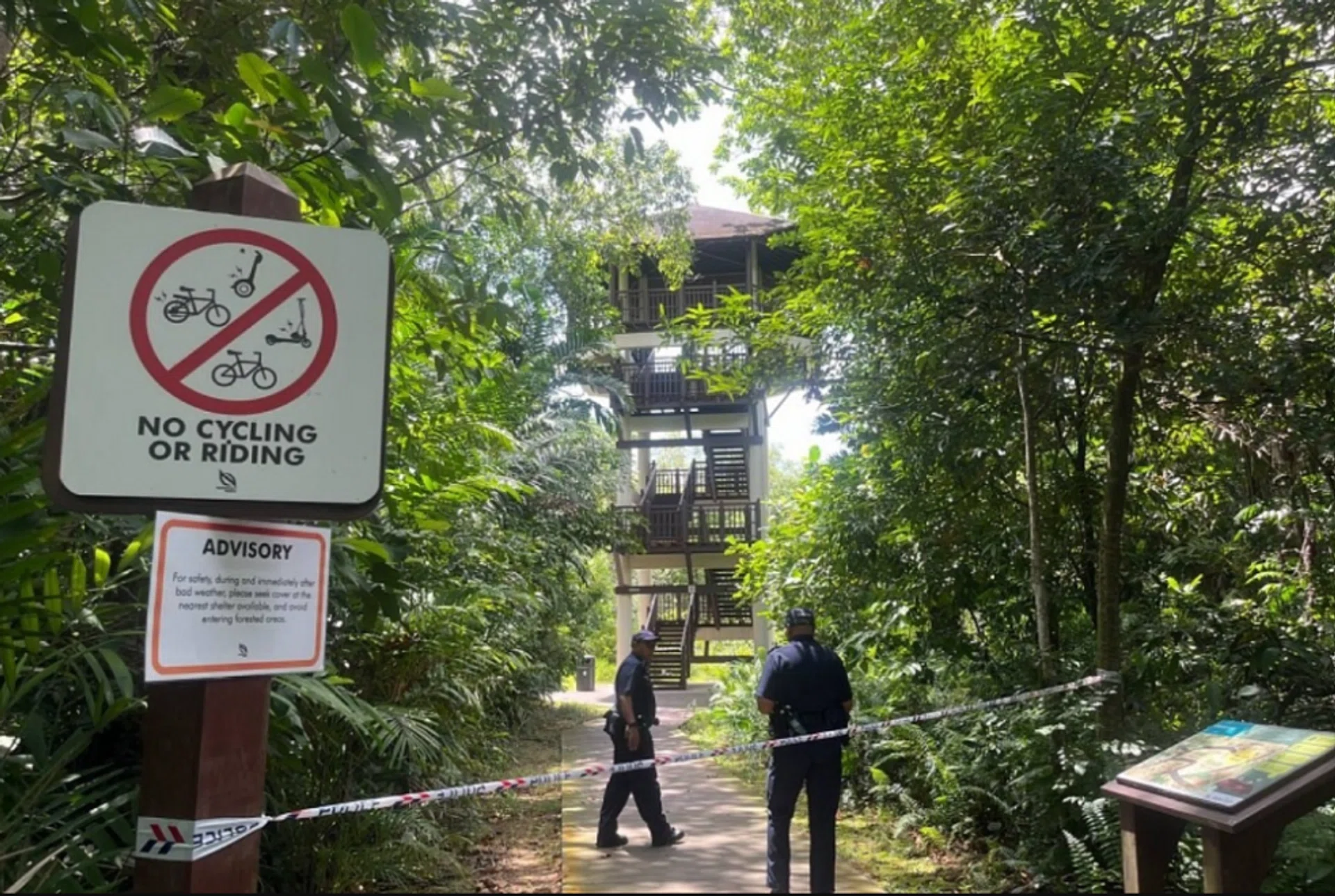 The two paths leading to the bird-watching tower were cordoned off.