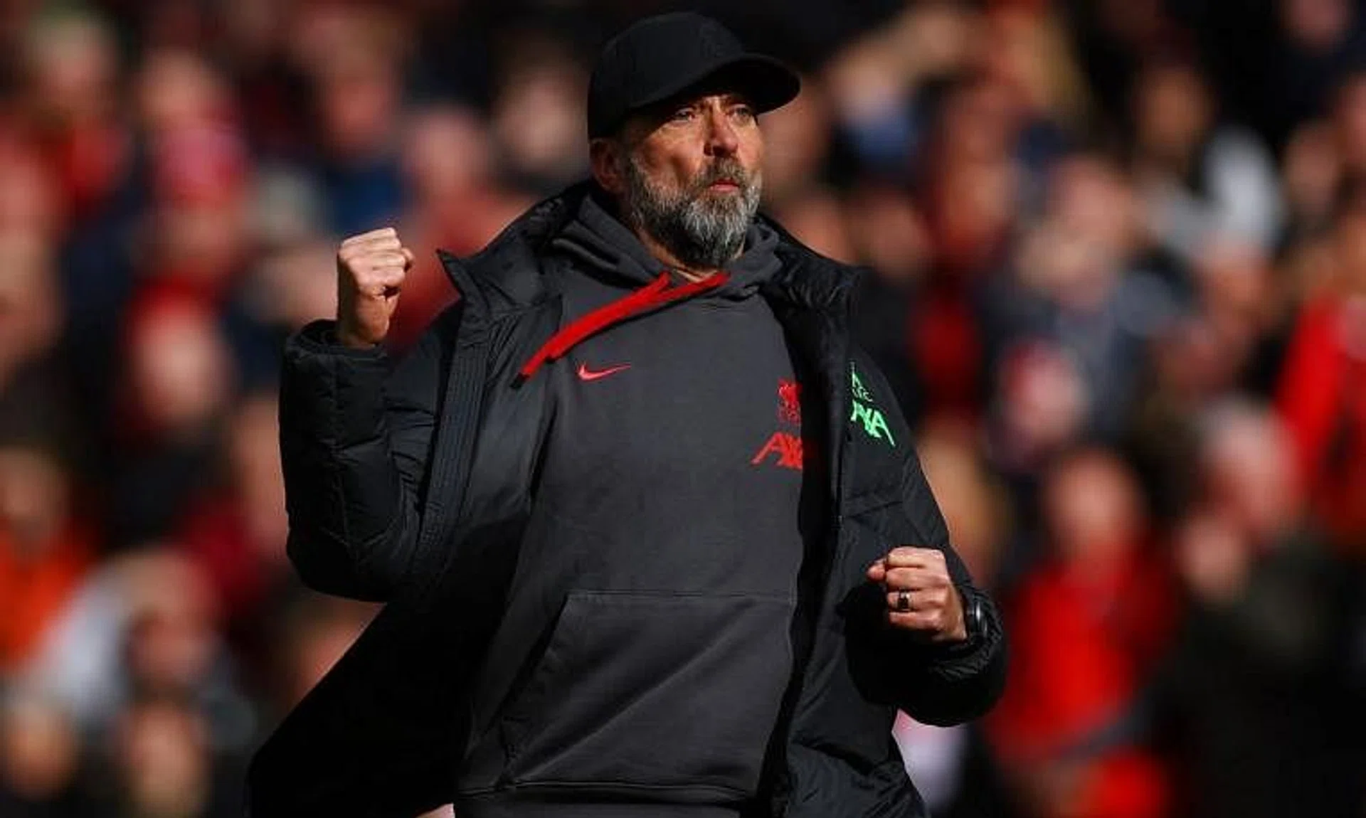 Soccer Football - Premier League - Liverpool v Brighton & Hove Albion - Anfield, Liverpool, Britain - March 31, 2024 Liverpool manager Juergen Klopp celebrates after the match REUTERS/Molly Darlington