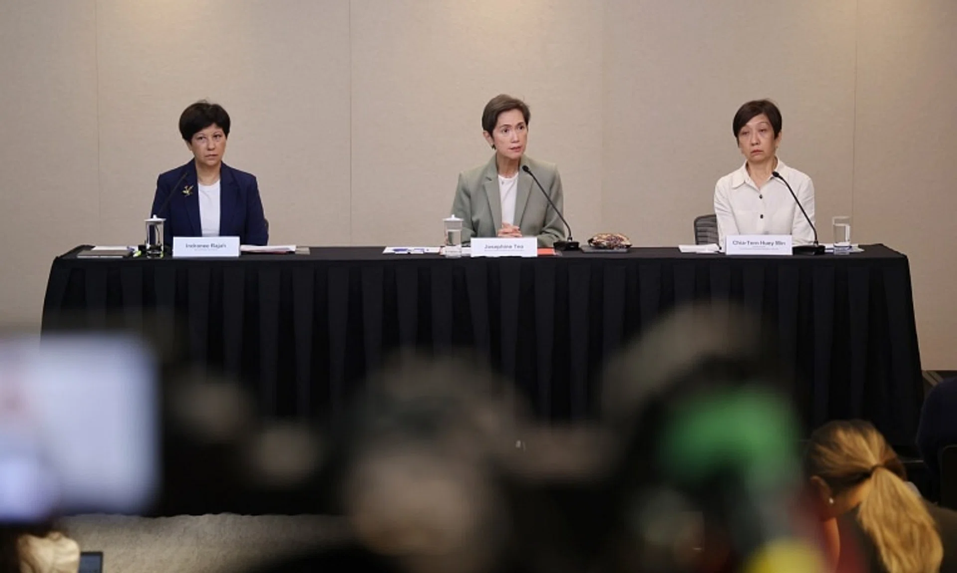 (From left) Second Minister for Finance Indranee Rajah, Minister for Digital Development and Information Josephine Teo and Acra chief executive Chia-Tern Huey Min at a press conference on Dec 19.