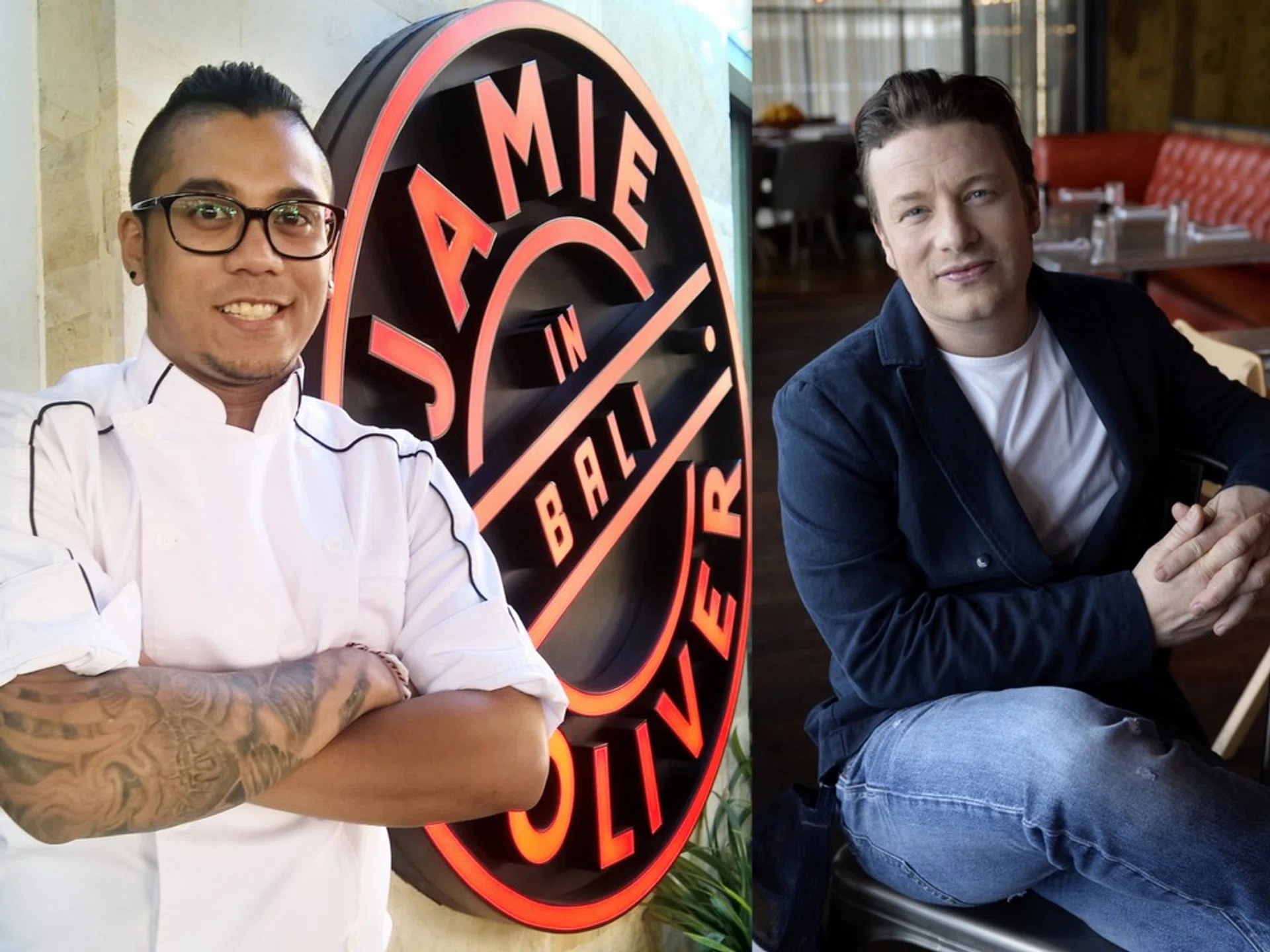 Mr Jerome Rezel (left) is now the head chef of Jamie's Italian Kuta Beach in Bali, a branch of English celebrity chef Jamie Oliver's (right) restaurant chain. 