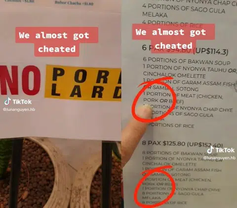 Woman "almost cheated" by 'no pork lard' sign; cautions other diners