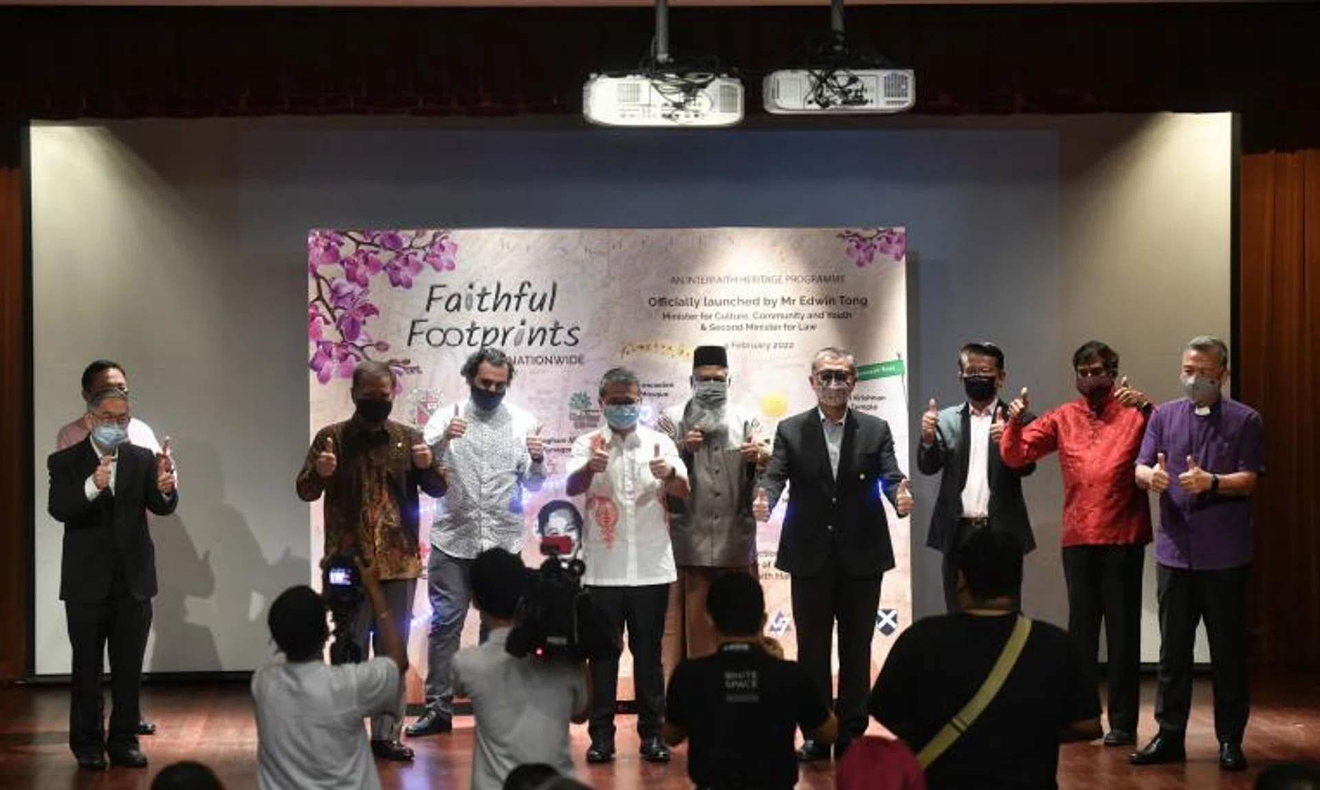 Minister for Culture, Community & Youth Edwin Tong (fourth from left) at the launch of the expanded Faithful Footprints Interfaith heritage programme, on Feb 4, 2022.