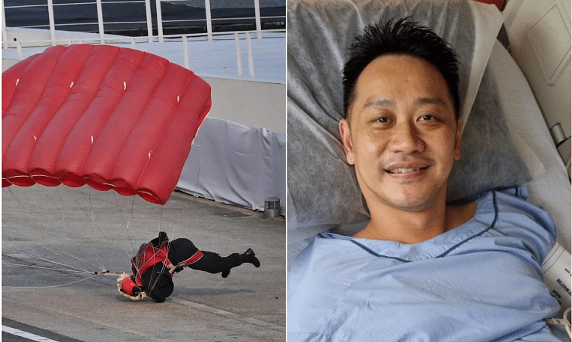 Third Warrant Officer (3WO) Jeffrey Heng suffered some injuries when he landed during the National Day Parade.