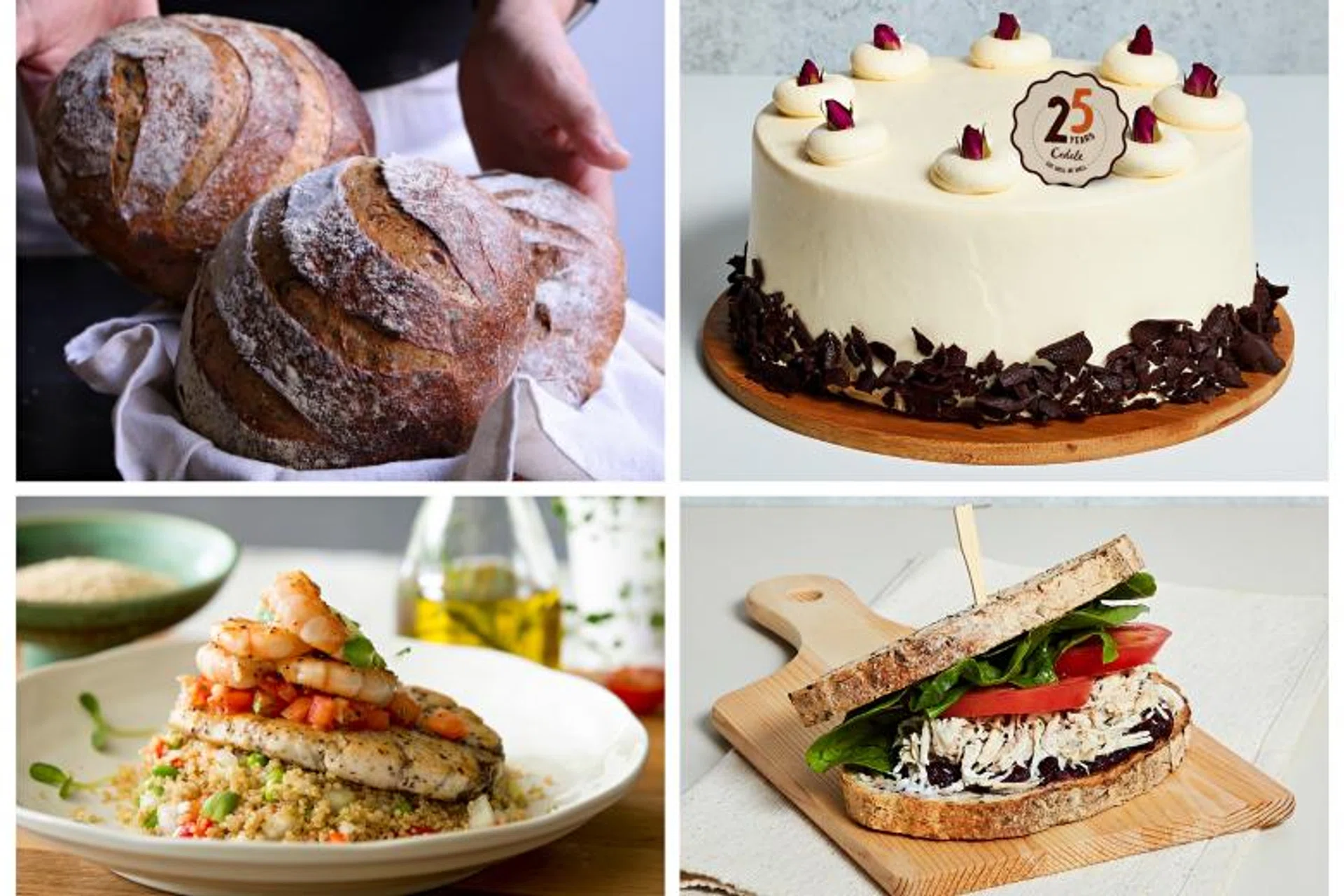 (Clockwise from top left) Blue pea sourdough, red velvet cake, rosemary chicken sandwich, seabass and prawn quinoa.