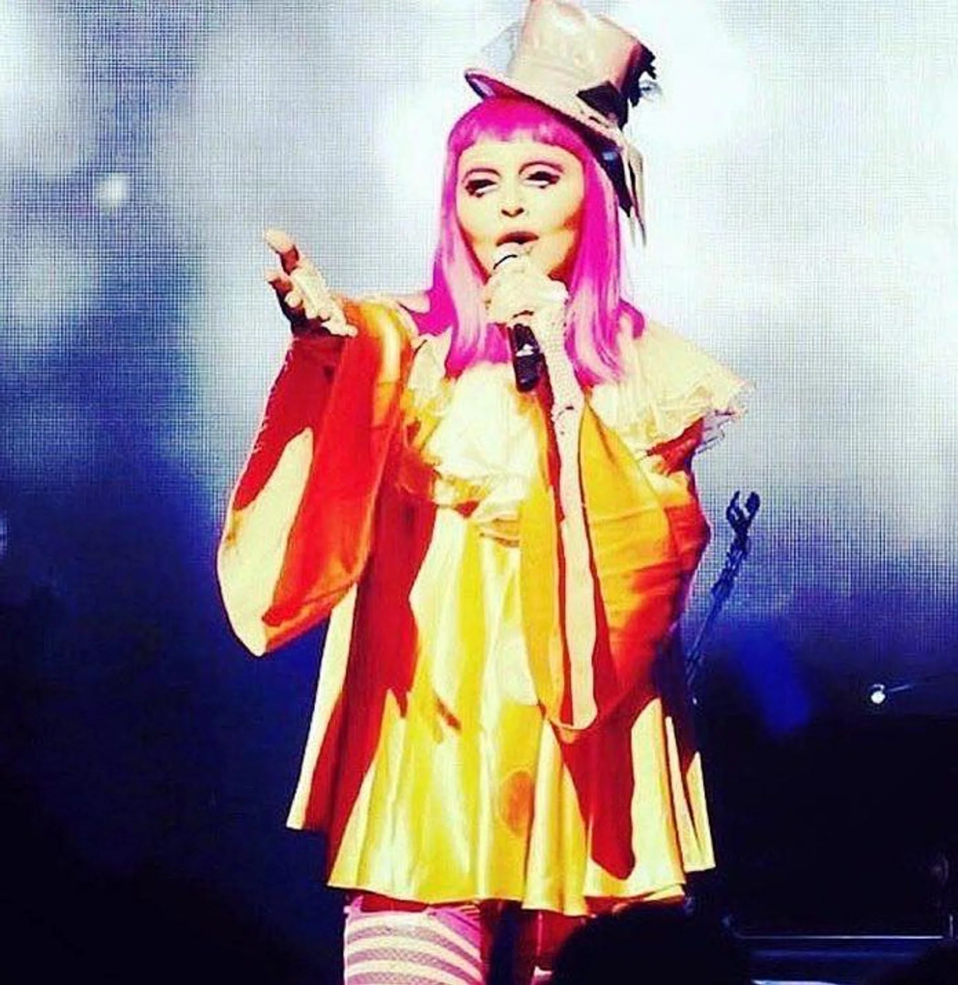 ANTICS: Madonna in clown costume at the Melbourne performance at Rod Laver Arena.