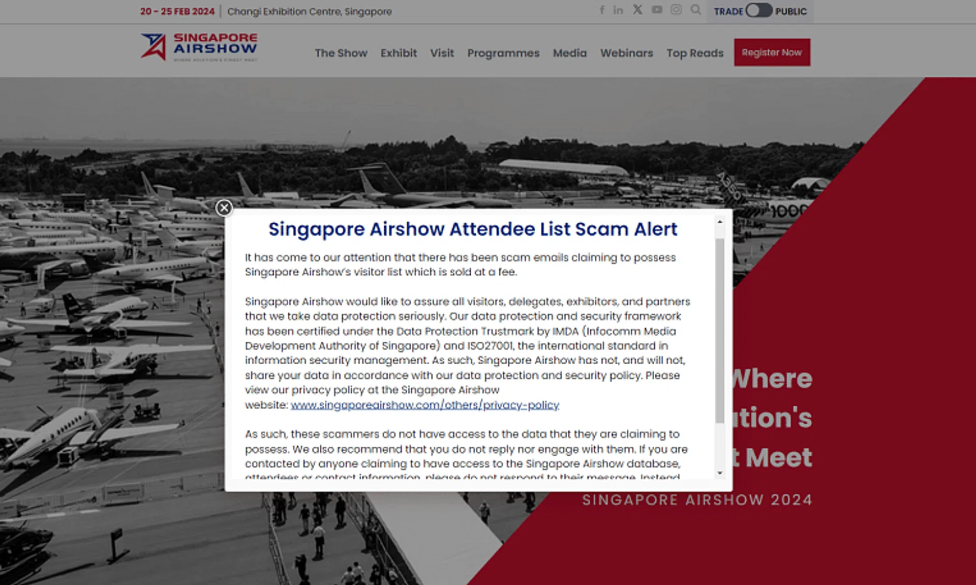 The notice can be seen on the Singapore Airshow's trade website.
