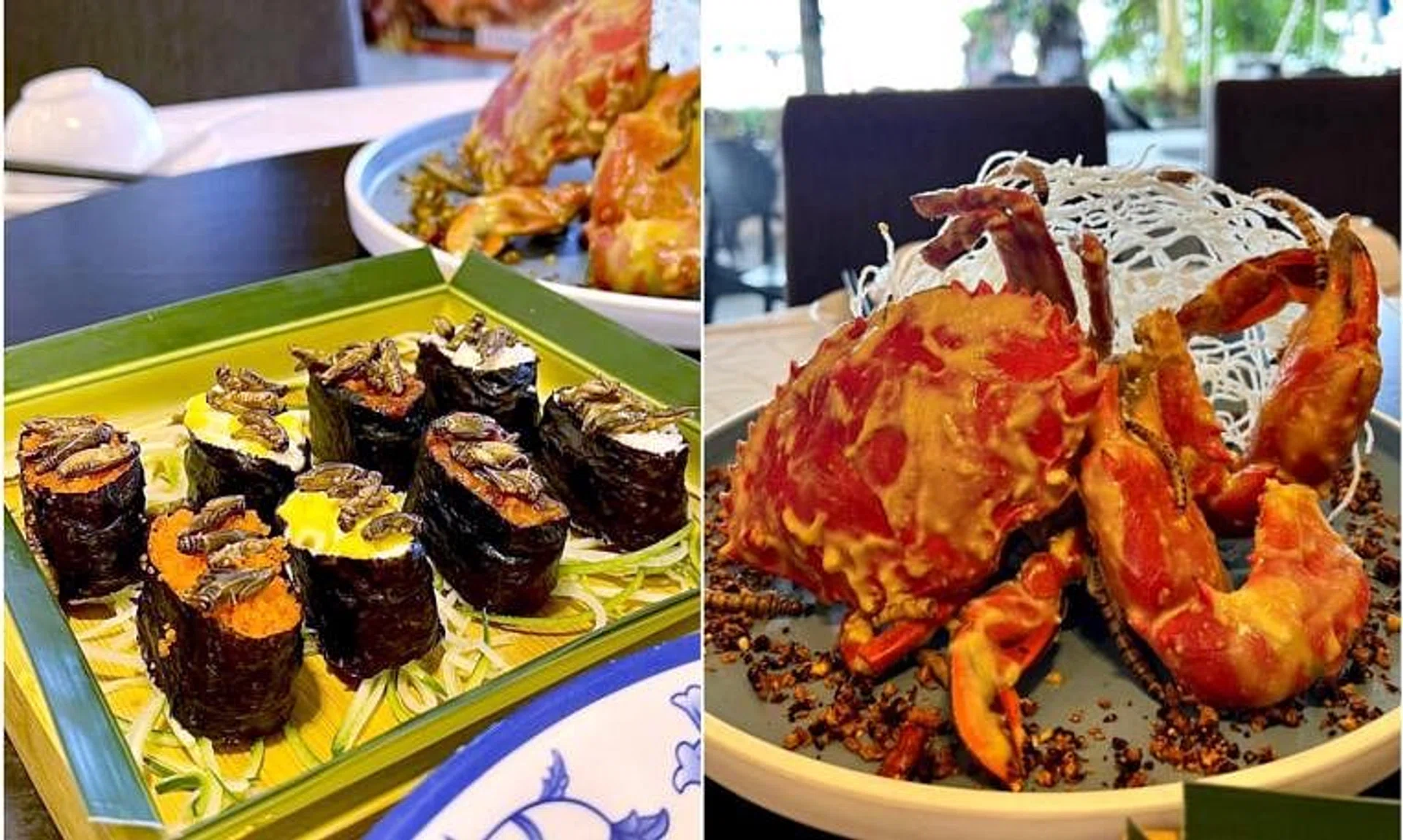 House of Seafood's sushi topped with juicy silkworms and crispy crickets (left) and their salted egg crab dish with superworms.
