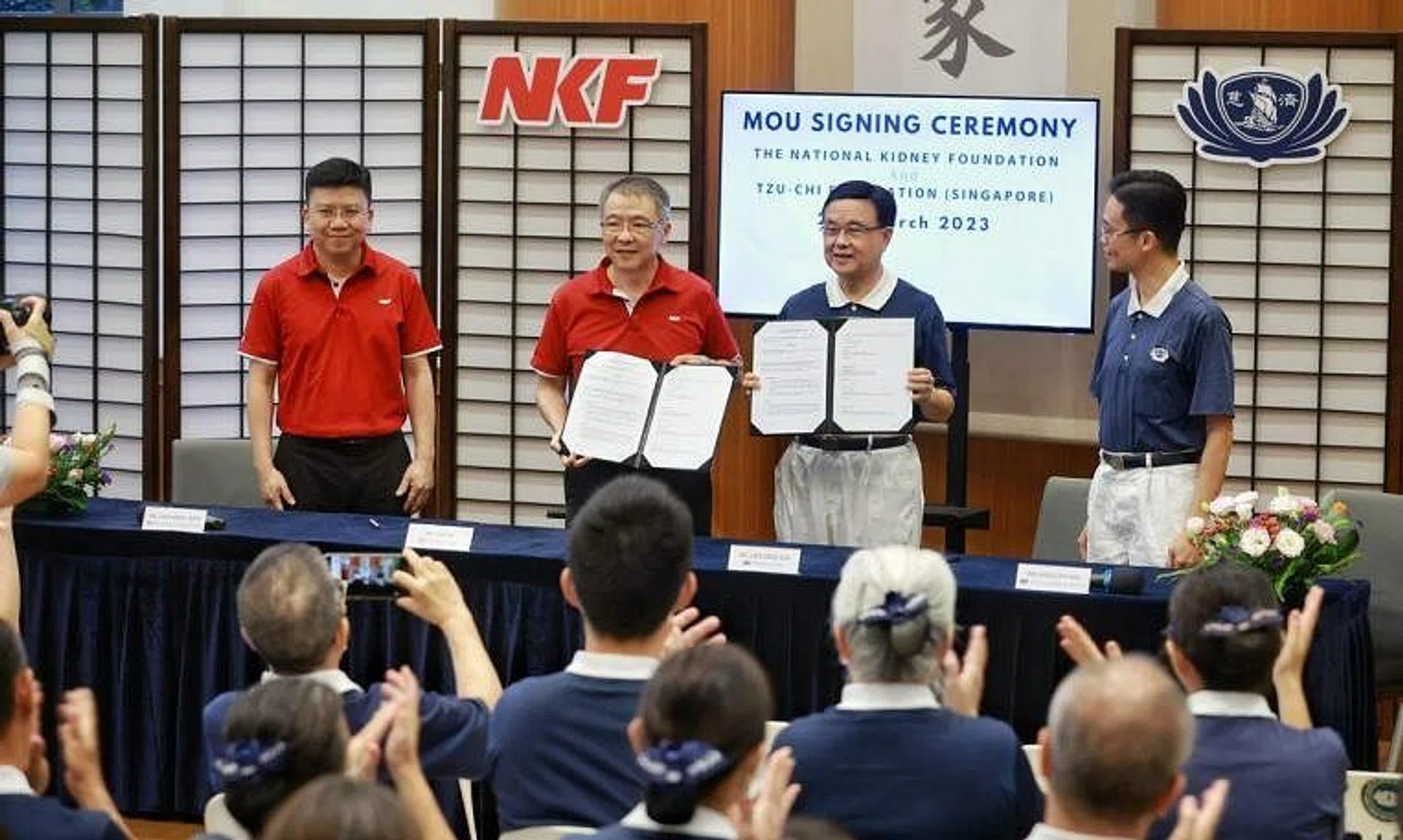 (From left) NKF senior director of corporate services Chia Miang Yeow and CEO Tim Oei with Tzu-Chi Foundation CEO Low Swee Seh and charity development department head Khoo Jyh Hao at the MOU ceremony on March 29, 2023. 