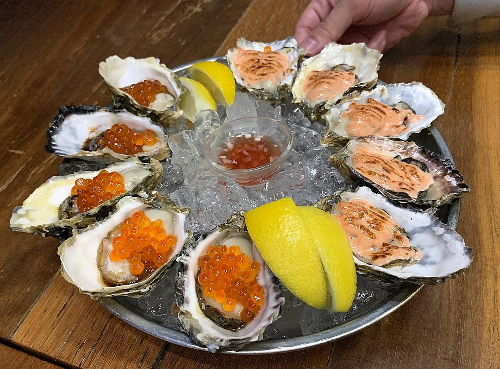 Mentaiko mayo and ikura with oysters, 