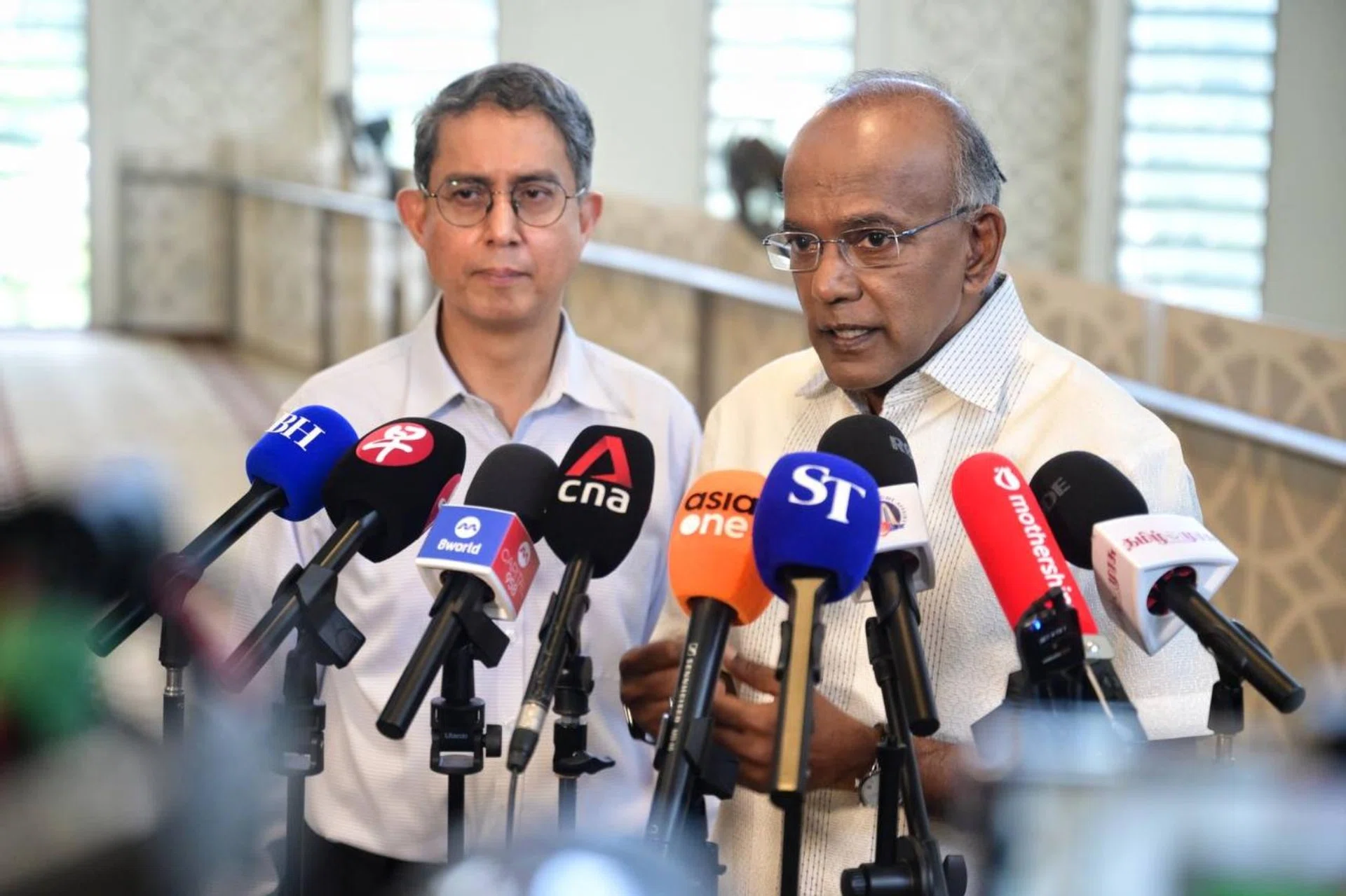 Home Affairs Minister K Shanmugam (right) and Minister of State for Home Affairs Muhammad Faishal Ibrahim addressing the media at Masjid Maarof on April 2.