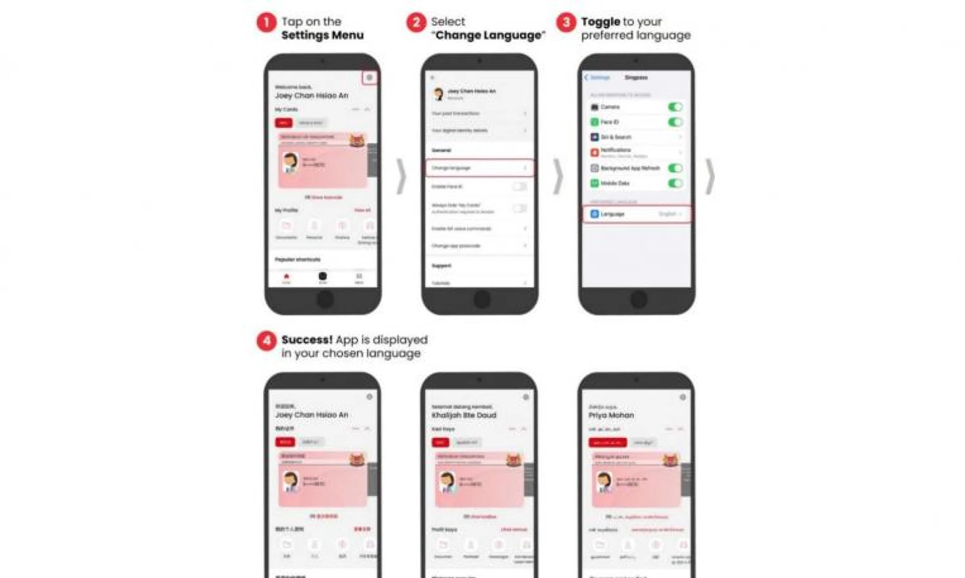 Users who wish to switch their preferred language in the Singpass app can do so in the settings menu.