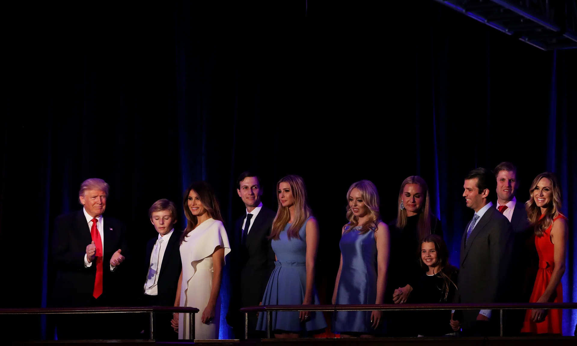 TRIUMPHANT: Mr Donald Trump and his family at his election night event at the New York Hilton Midtown hotel. 