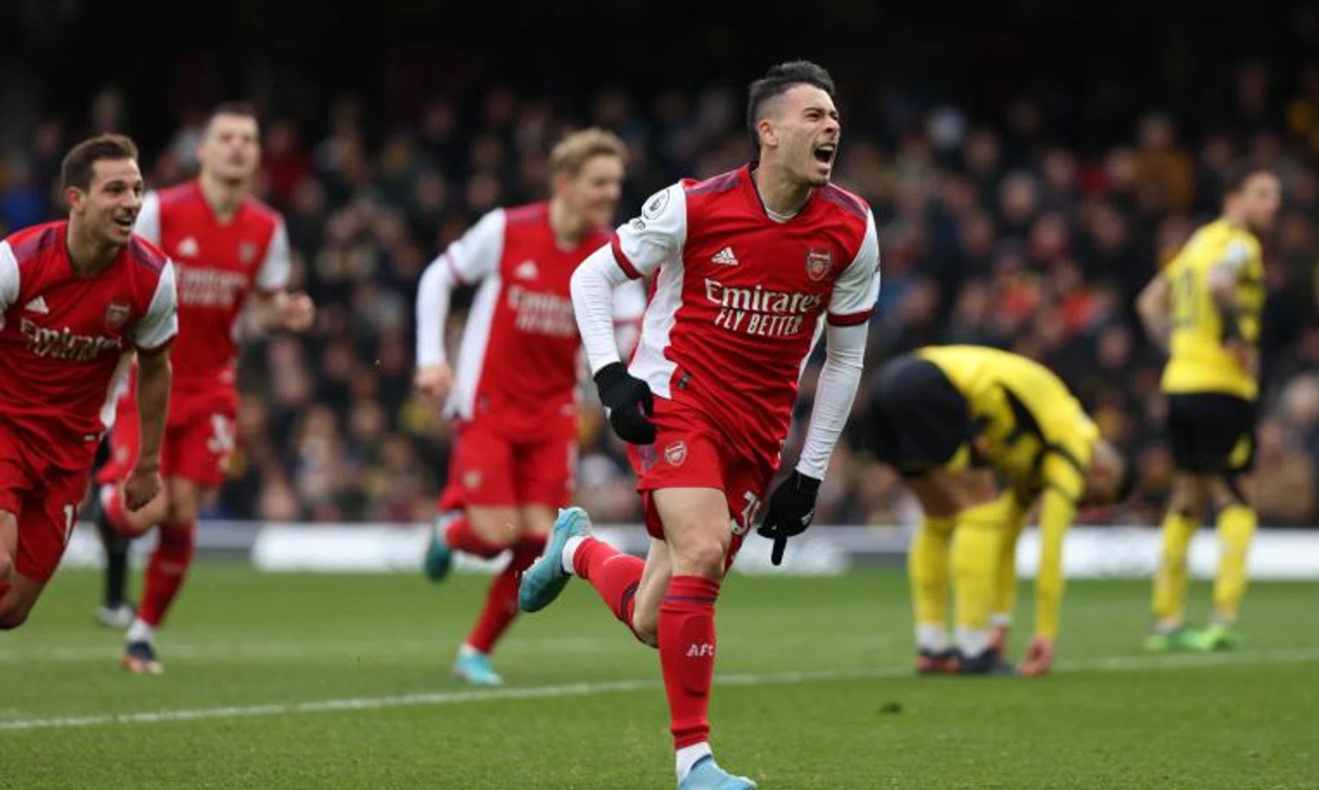 Gabriel Martinelli celebrates after scoring his team's third goal during the match against Watford, on March 6, 2022.