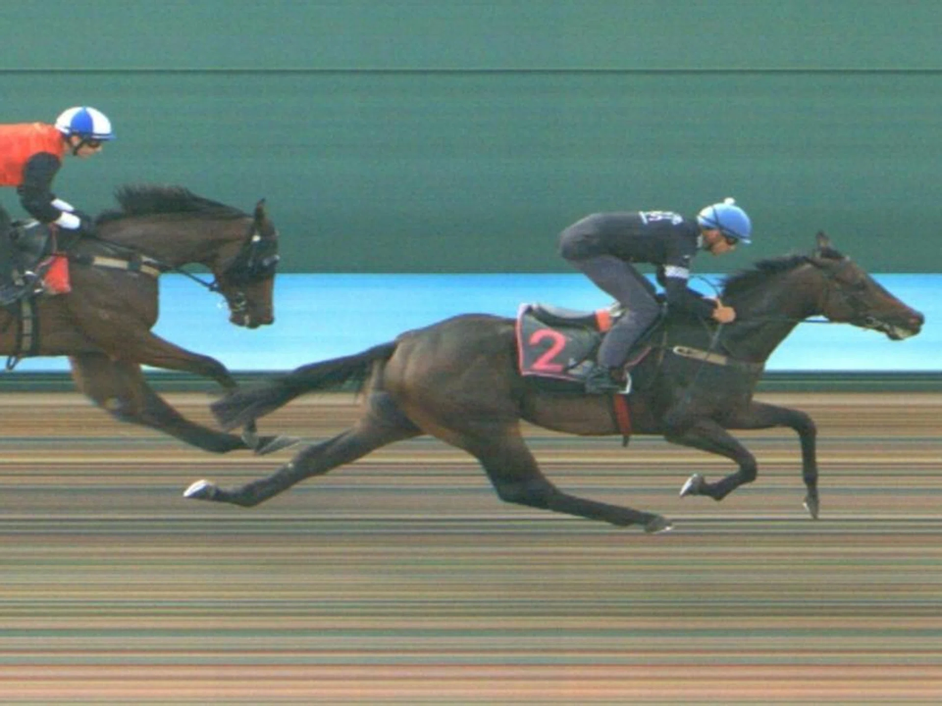 The Jerome Tan-trained newcomer Big Union (Bernardo Pinheiro) defeating Geobels Glory (Ryan Curatolo) by one length at the second of three barrier trials at Kranji on May 2.
