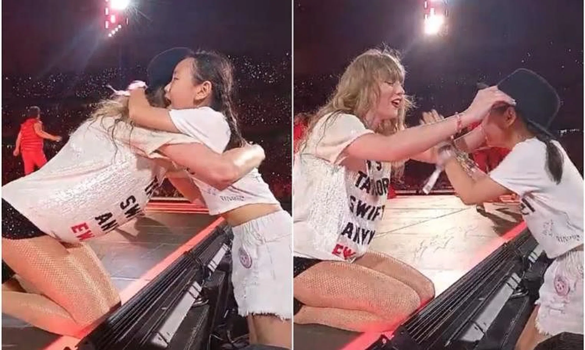 Giselle Heng gets a hug and hat from pop star Taylor Swift during her performance of 22 at the Eras Tour opening night at the National Stadium on March 2.