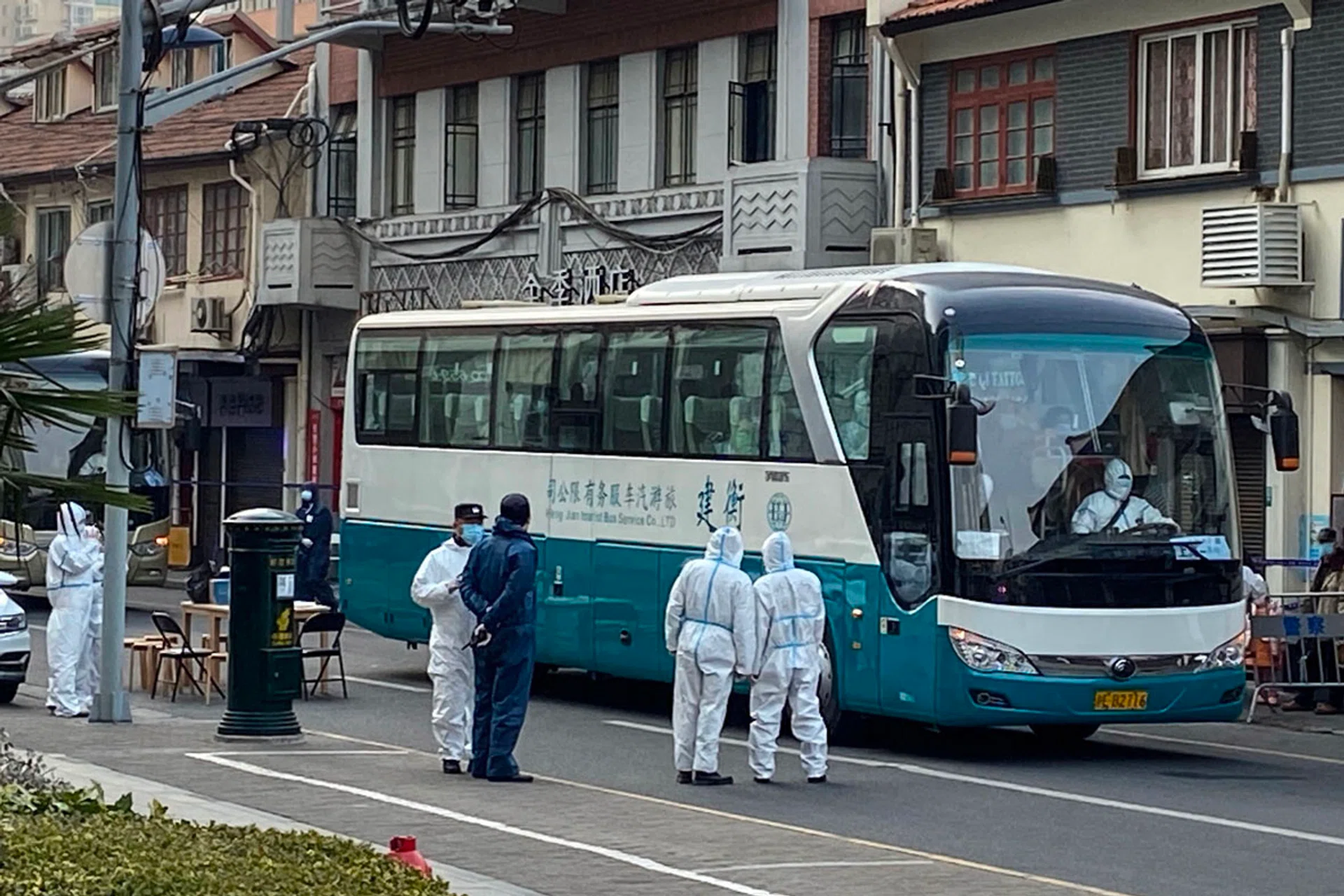 A bus in a Shanghai neighbourhood where residents are being evacuated. 
