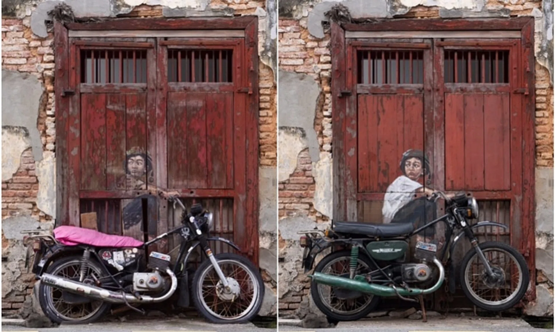 Iconic mural “Boy On A Bike” before and after restoration by Lithuanian artist Ernest Zacharevic.