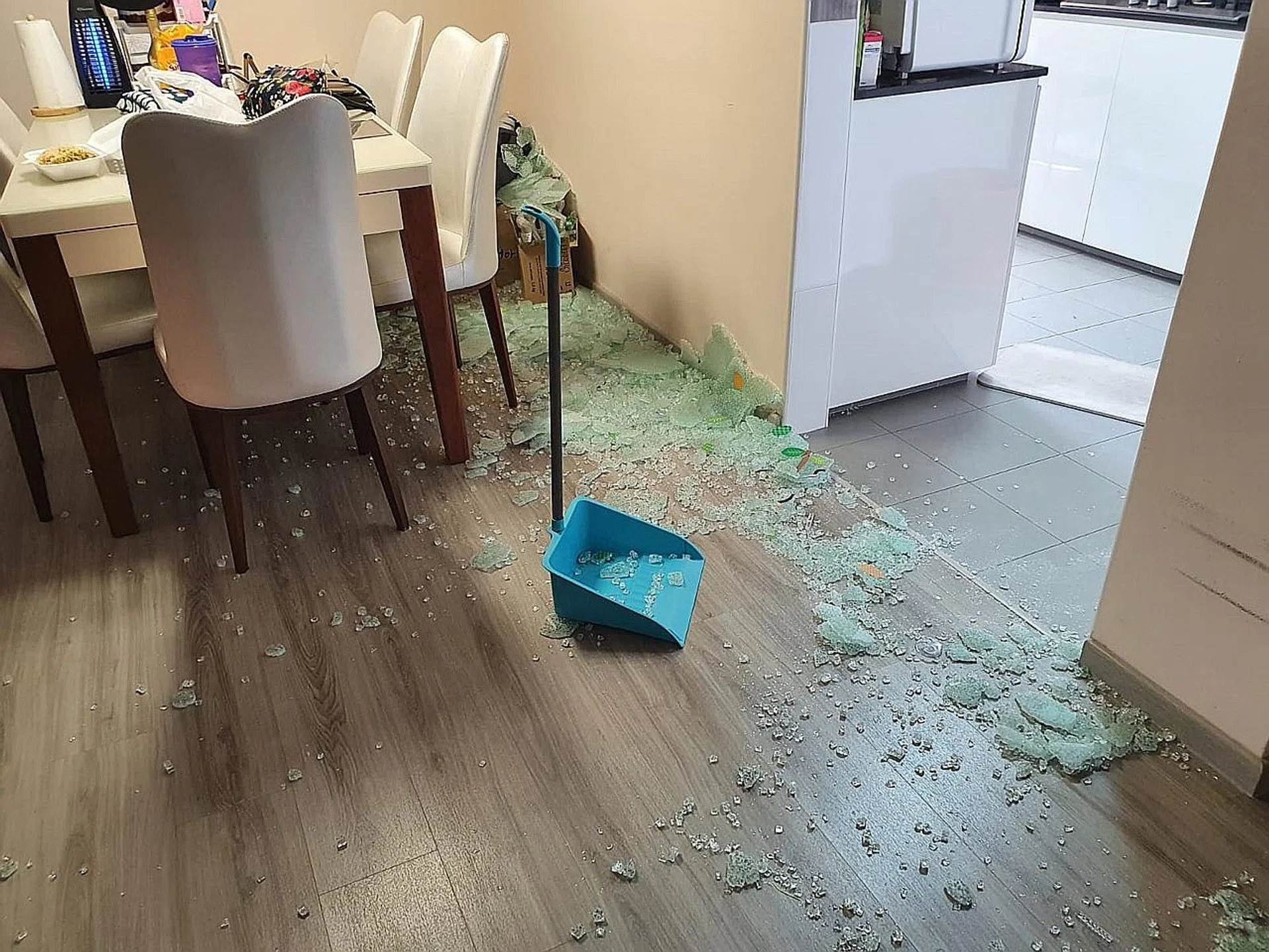 Screen grabs from CCTV footage showing the moment before Mr Sito Rong Feng entered his kitchen and seconds later when the sliding glass door shattered. Glass was scattered across the living room (above). 