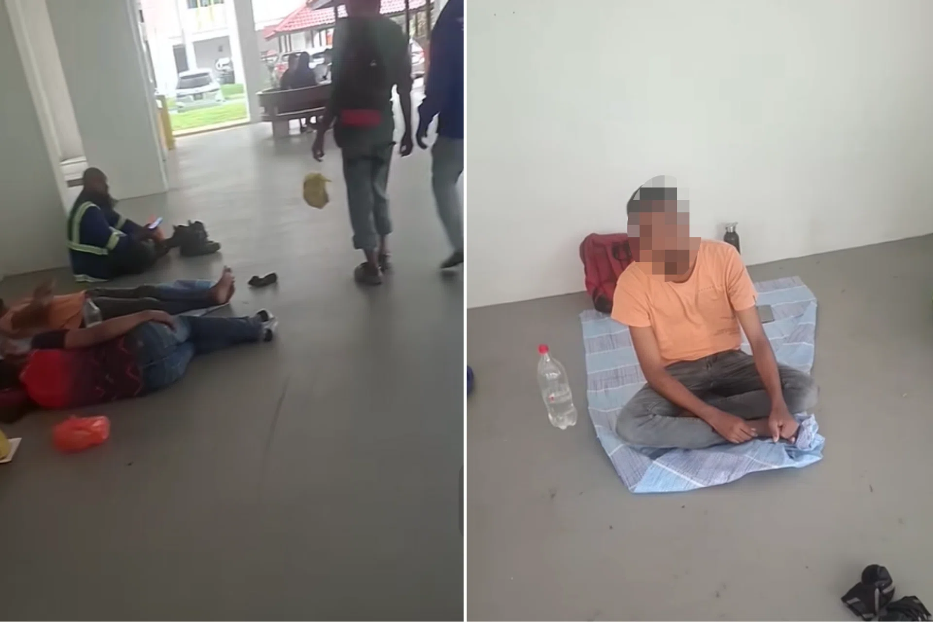 The workers sat cross-legged on the floor in silence. 