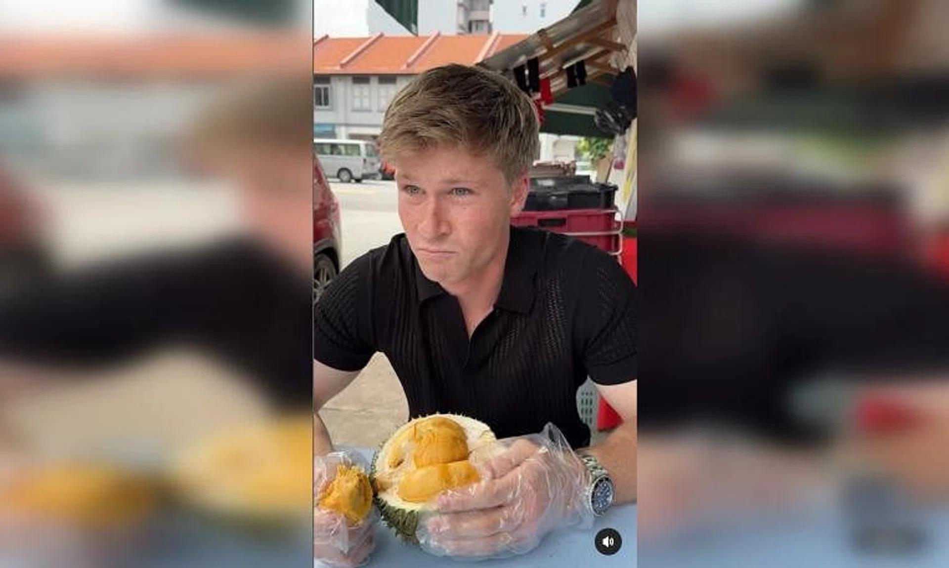 Australian wildlife conservationist Robert Irwin seemed overwhelmed by the taste and smell of durian in Singapore.