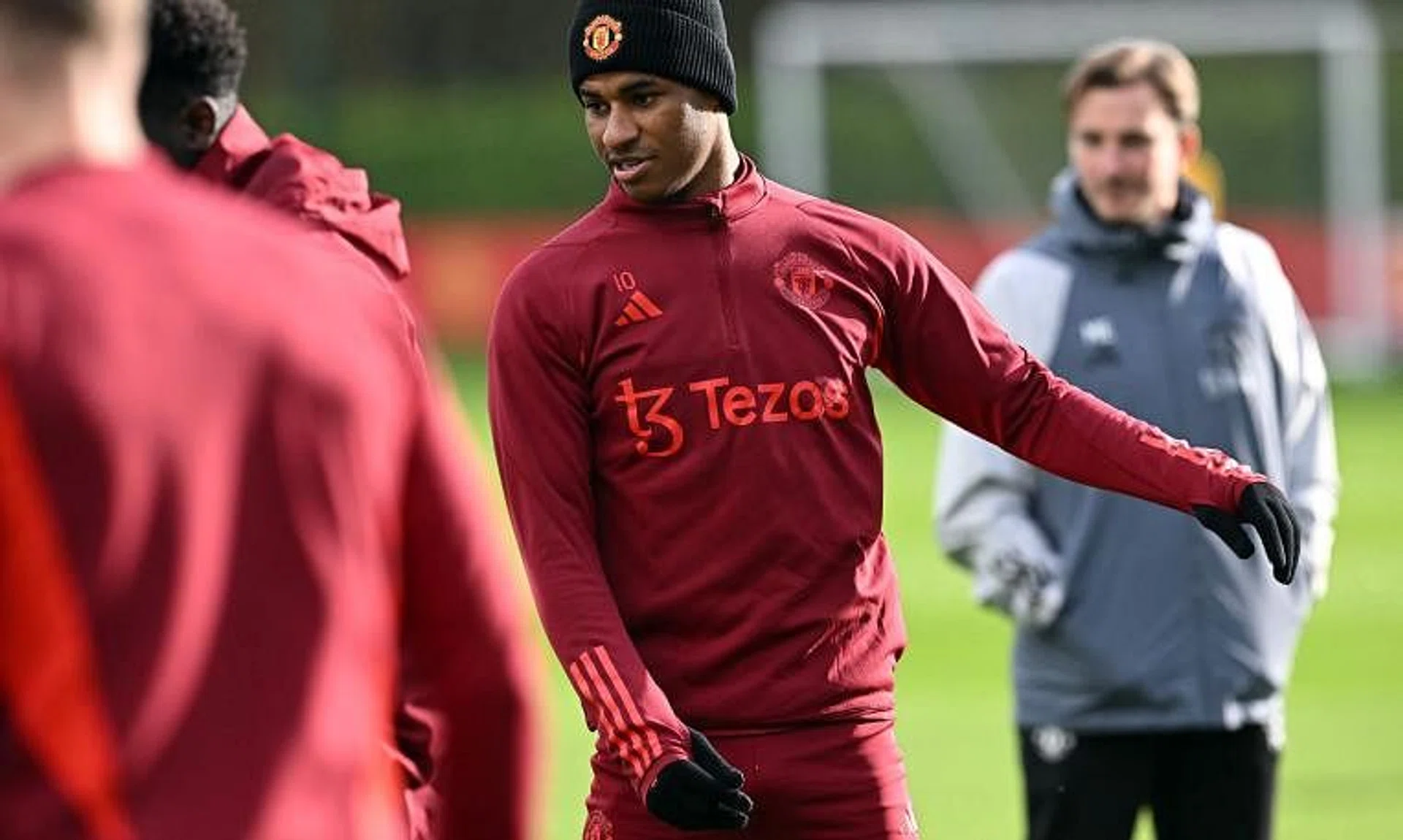 Manchester United's Marcus Rashford attends a training session in Manchester on the eve of the team's Champions League Group A football match away against FC Copenhagen.
