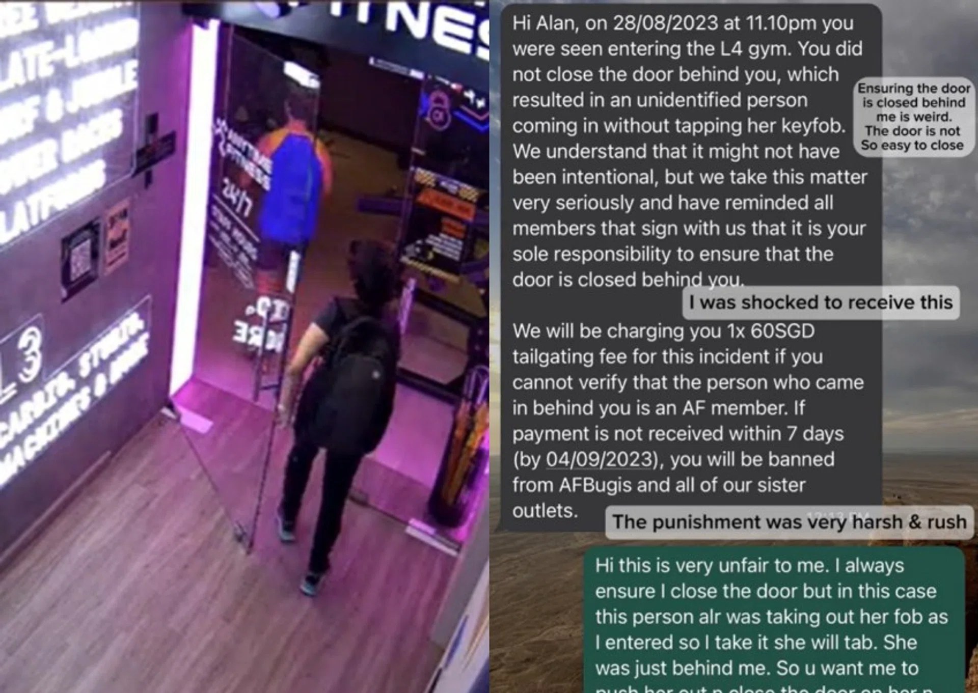 In the CCTV footage, Mr Alan Sim can be seen being followed by a woman when he enters the gym. But the gym insisted he allowed a tailgater in.