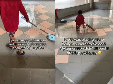 Carefree boy captures hearts with void deck 'water slide'