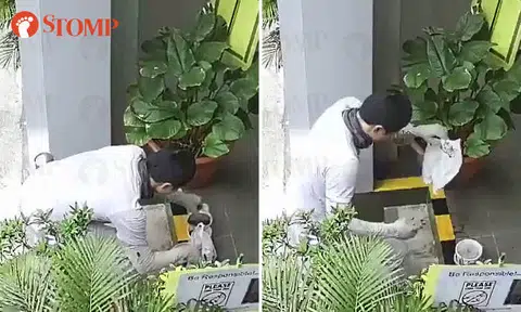 Delivery rider pours spilt soup back into container