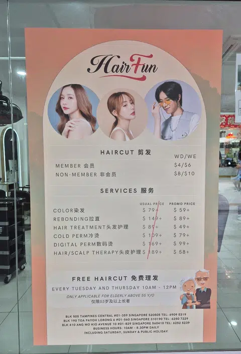 The price list of services provided at Hairfun Beauty, which included a free haircut for those aged above 55 years old.