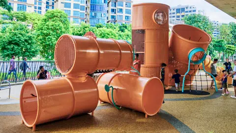 The Oil Drum Playground draws inspiration from Yew Tee's history as a wartime oil storage depot.