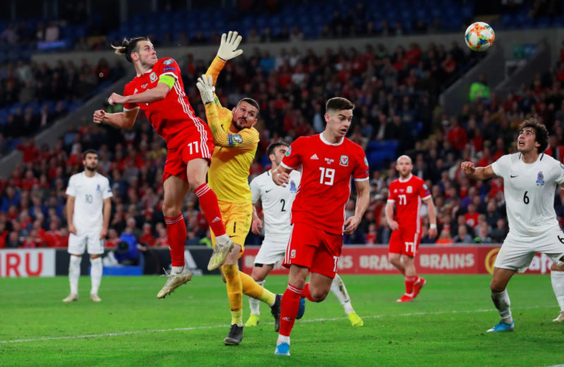 Gareth Bale heading in Wales' second goal.